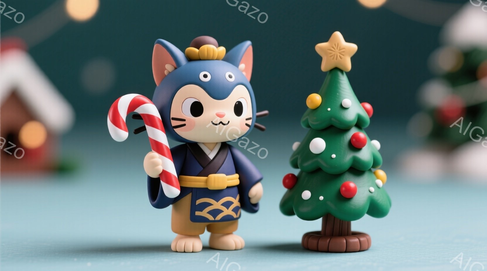 青色の着物と白髪の髷を結った猫の置物が、赤と白のキャンディケーンを持っています。背景には小さな家と、緑色の飾りがついたクリスマスツリーが見え、全体的に温かく、お祭り気分を醸し出しています。背景は青色で - AI生成フリー素材