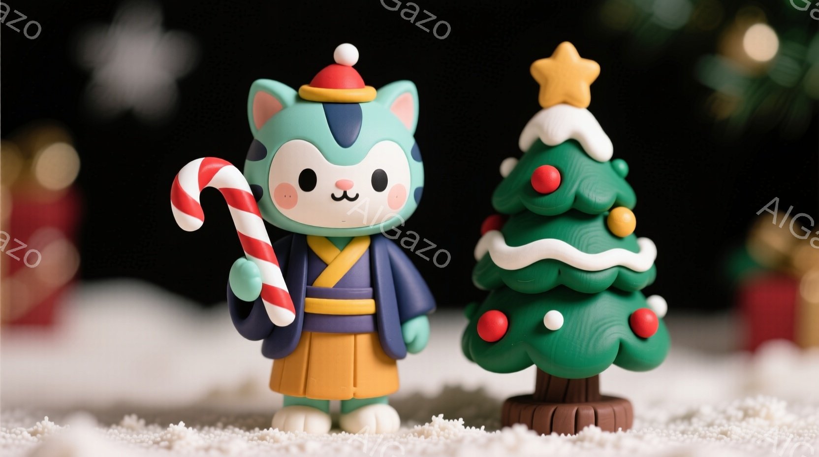 緑色のクリスマスツリーの前に、着物を着た猫の置物が立っています。猫はピンクの頬と可愛らしい表情で、片手にペパーミントキャンディを持っています。背景にはぼやけたクリスマス装飾があり、雪のような白いテクスチャが地面を覆っています。