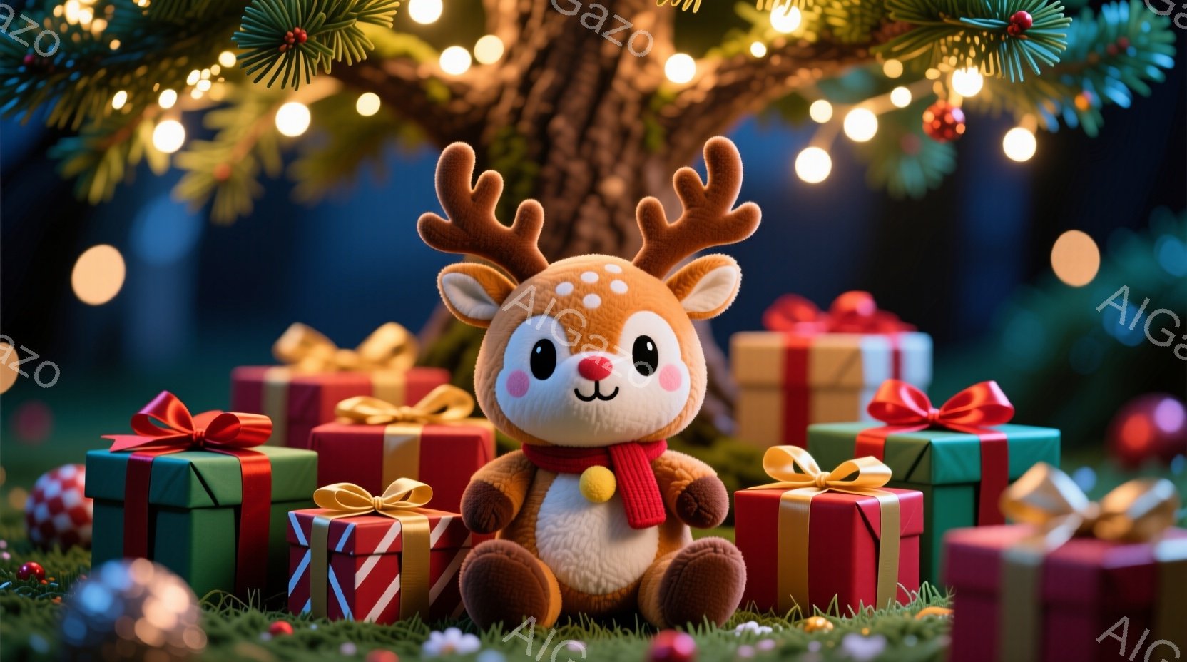 ふわふわの茶色のトナカイのぬいぐるみは、赤いマフラーを巻いて緑の草の上に座っています。周りには、赤いリボンと金の紐で飾られた様々な色のプレゼントボックスが置かれており、背景にはぼやけたクリスマスツリー - AI生成フリー素材