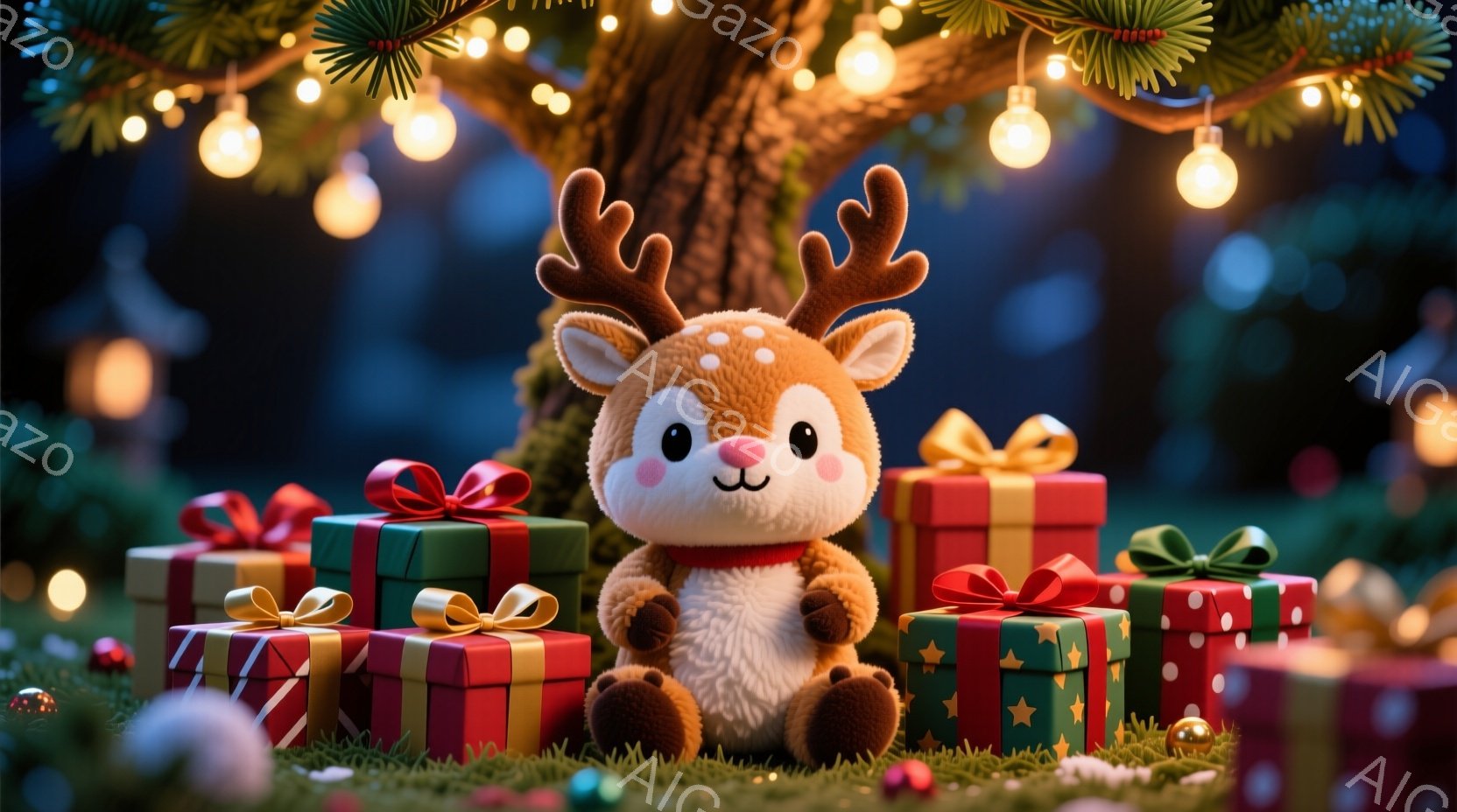 ふわふわのトナカイのぬいぐるみは、赤いリボンが付いた可愛らしい服を着ています。トナカイは緑の草の上に座り、プレゼントの山に囲まれていて、優しい笑顔を浮かべています。背景にはぼやけたクリスマスツリーと輝く電飾があり、暖かく幻想的な雰囲気を醸し出しています。