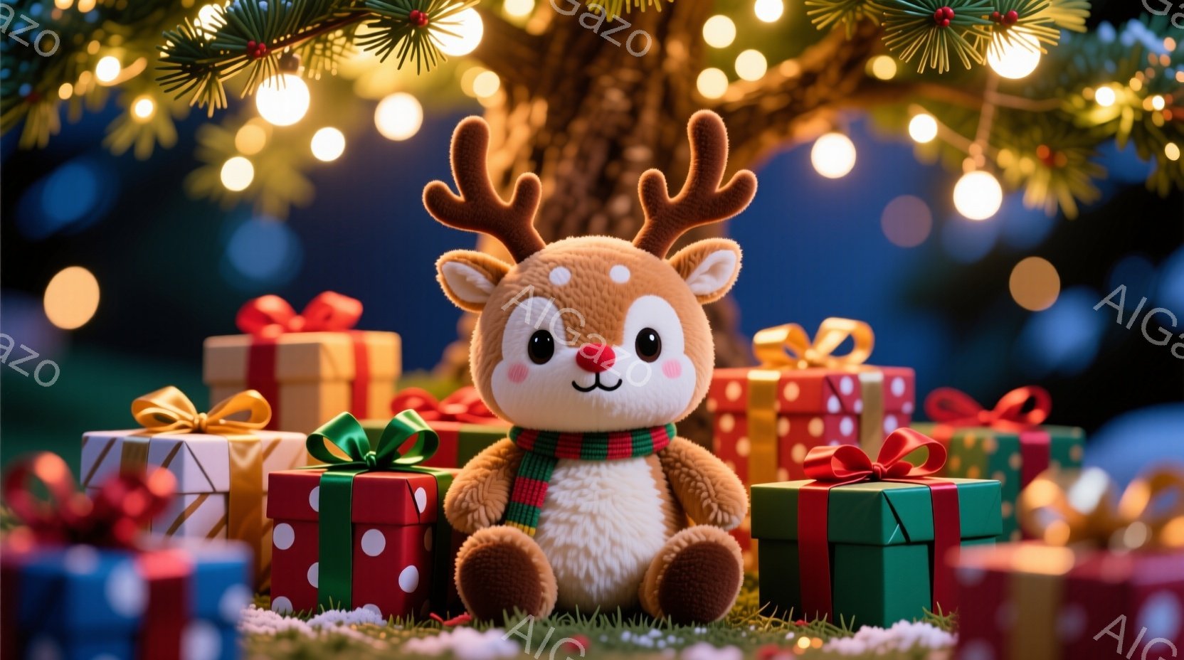 ぬいぐるみのようなトナカイが、緑や赤の包装紙で包まれたプレゼントの山の中に座っています。トナカイは赤い鼻と小さな角を持ち、緑と赤のストライプのスカーフを巻いています。背景にはぼやけたクリスマスツリーの - AI生成フリー素材