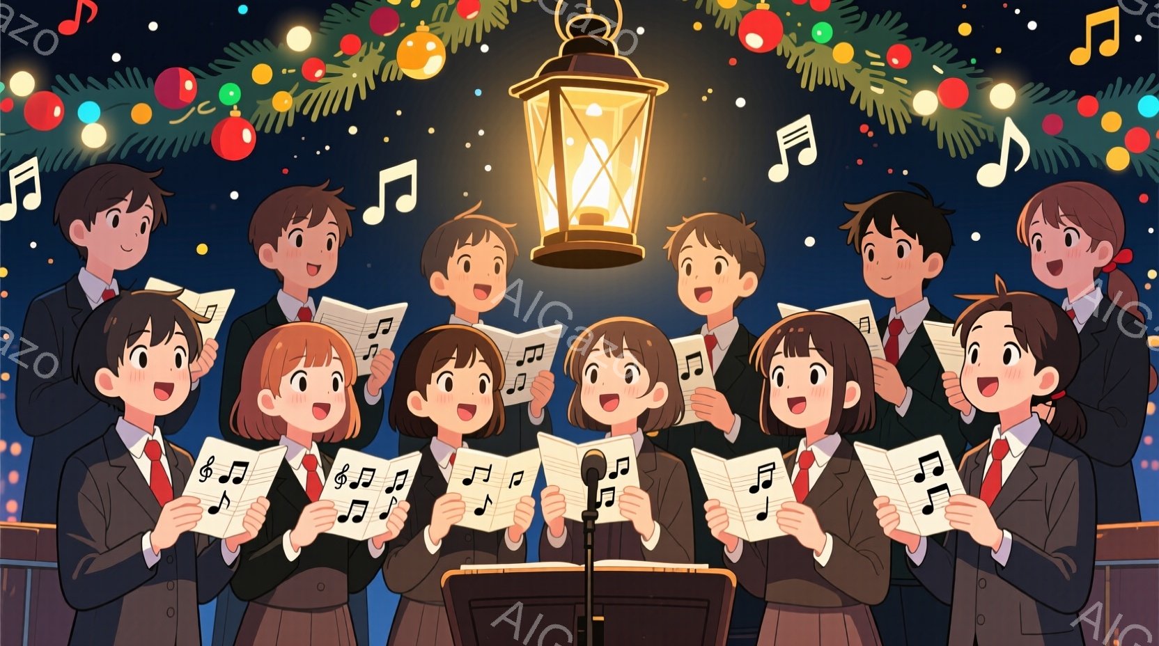 複数の生徒たちが楽譜を見ながら合唱している様子が描かれています。彼らは皆、黒いジャケットに赤いネクタイ、白いシャツという制服を着ており、整髪された髪型で、笑顔を浮かべて歌っています。背景には、クリスマスのイルミネーションと常緑樹があり、暖かく、お祝いの雰囲気を醸し出しています。