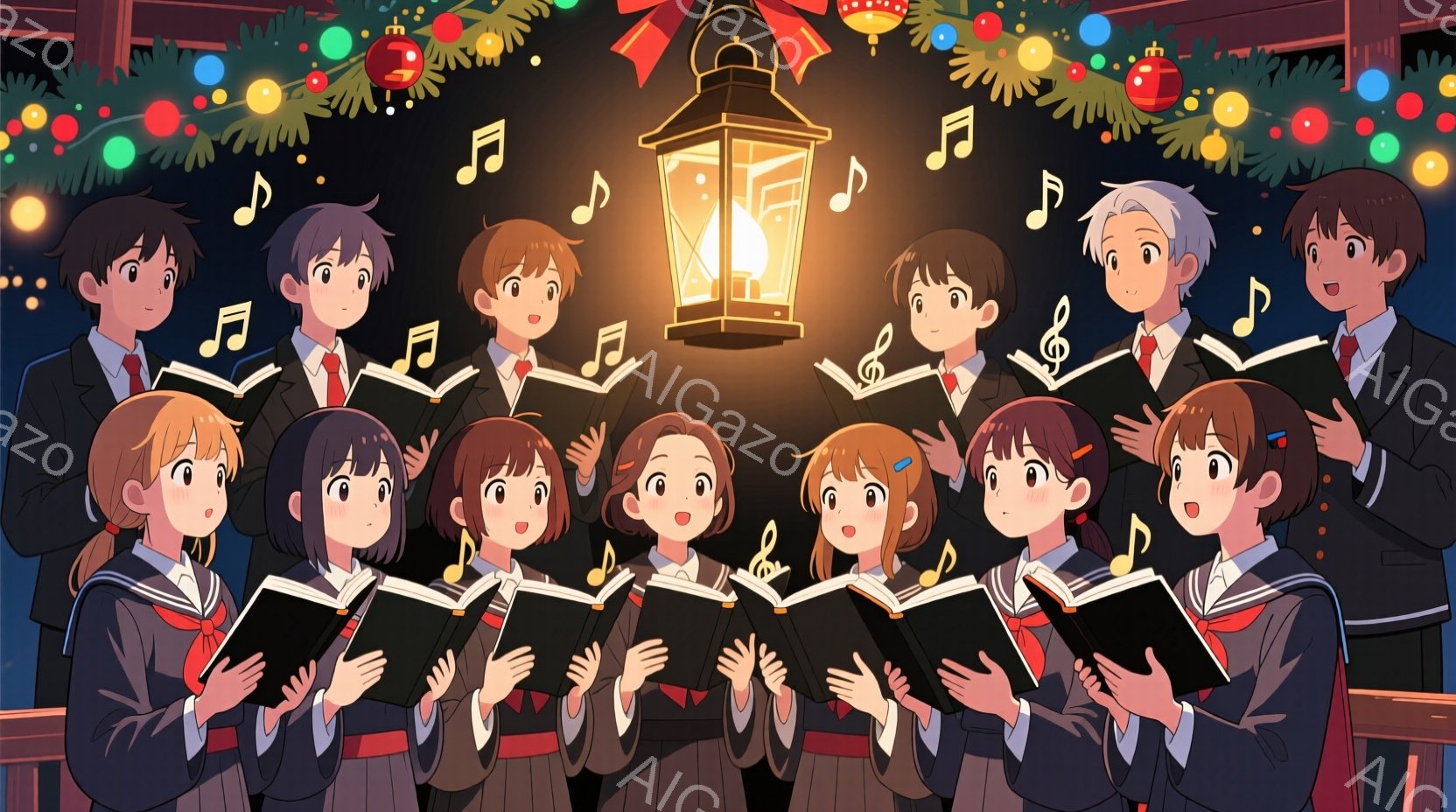 複数の生徒たちがクリスマスのキャロルを歌っている様子が描かれています。紺色のブレザーに赤いネクタイ、白いシャツという制服を着ており、髪型はショートやロング、ポニーテールなど様々です。背景にはクリスマスツリーや電飾、ランタンがあり、暖かく華やかなクリスマスの雰囲気が漂っています。