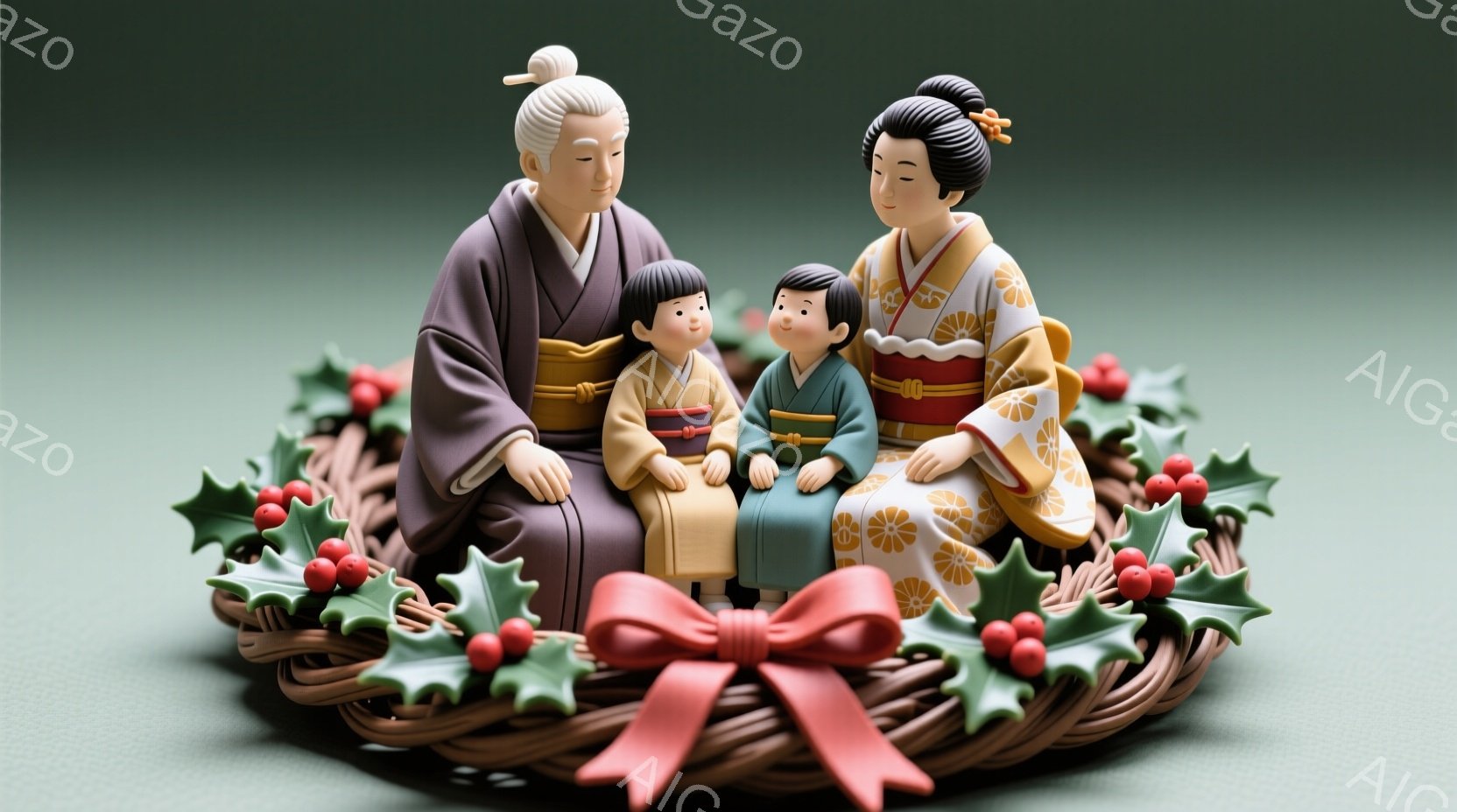 着物を着た家族が円座で座っており、背景にはホーリーとベリーで飾られた花輪があります。祖父は灰色の髪と穏やかな表情で、祖母は美しい着物と華やかな髪型をしています。子供たちは可愛らしい着物姿で、温かく幸せな雰囲気を醸し出しています。