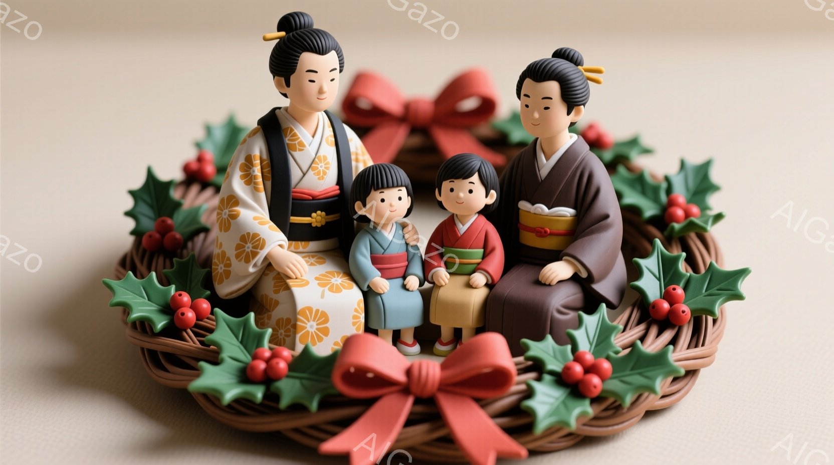 籠の中に、着物を着た男女と二人の子供たちが座っています。女性は明るい黄色の着物で、男性と子供たちは茶色や緑色の落ち着いた色の着物を着ています。彼らは皆、穏やかな笑顔で、家族の温かい雰囲気を醸し出しています。