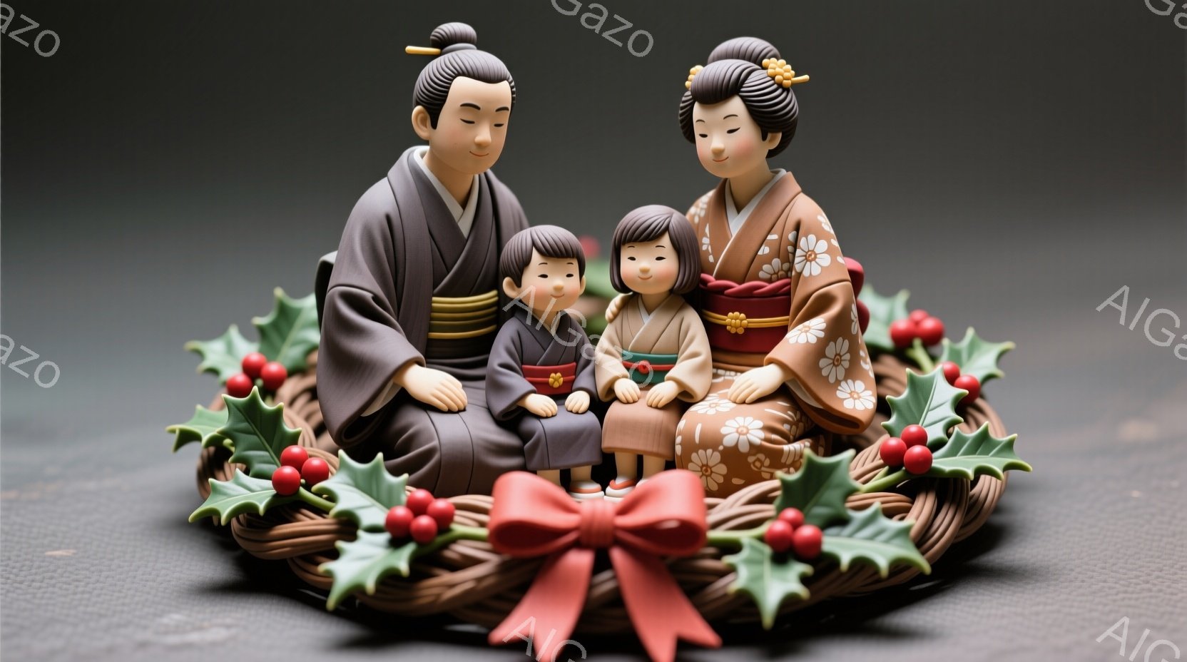 伝統的な和装を身に着けた家族が、クリスマスリースの中に座っている様子が描かれている。男性は濃い色の着物、女性は花柄の着物を着ており、それぞれ穏やかな表情をしている子供たちは、同じく着物を着て、親の隣で微笑んでいる。背景は暗いグレーで、全体的に温かく、平和な雰囲気が漂っている。