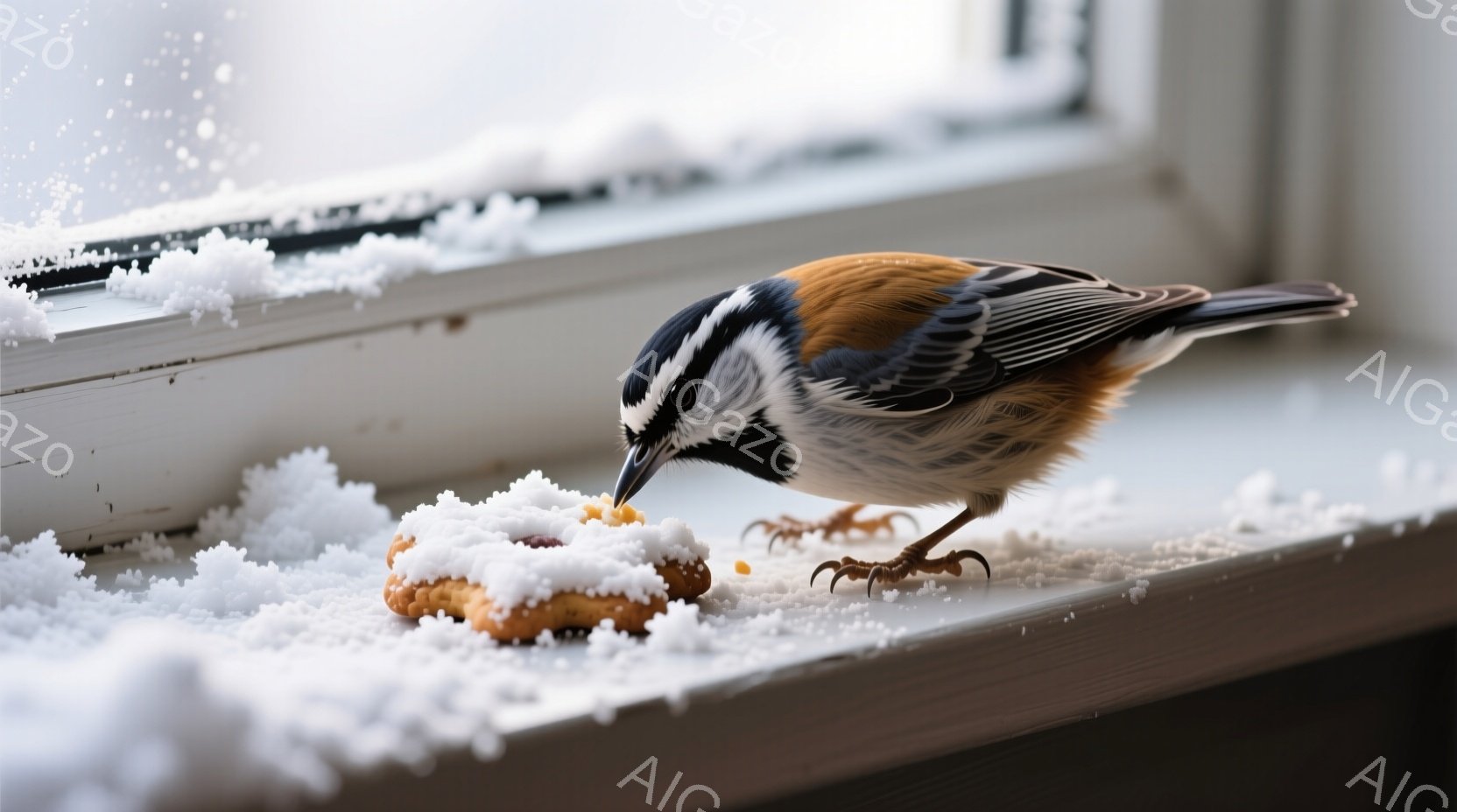 白い雪に覆われた窓枠に、頭に黒い縞模様のある可愛らしい鳥が止まり、ドーナツをついばんでいます。鳥は茶色と白の模様を持ち、鋭い爪でしっかりと窓枠に掴まっています。背景は雪景色で、静かで穏やかな冬の雰囲気 - AI生成フリー素材