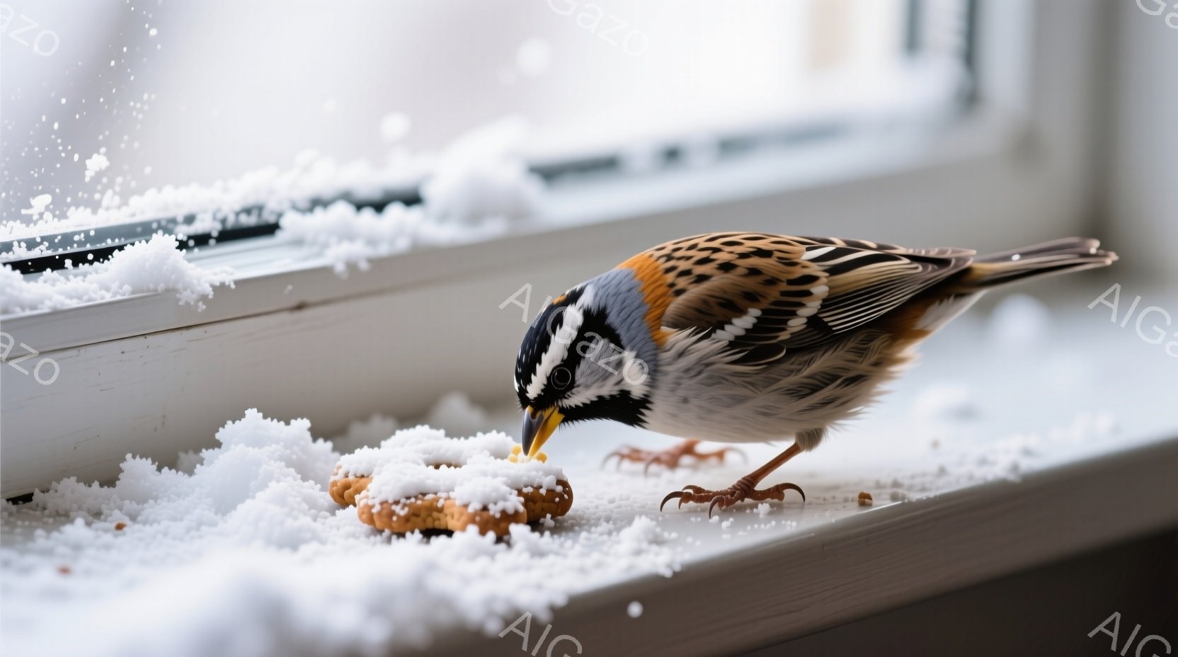白い窓枠に雪が積もり、その上に可愛らしいスズメが佇んでいます。スズメは、雪に覆われたクッキーを熱心に啄んでいます。背景は雪景色で、冬の静けさと、小さく生きる鳥の姿が印象的な写真です。 - AI生成フリー素材