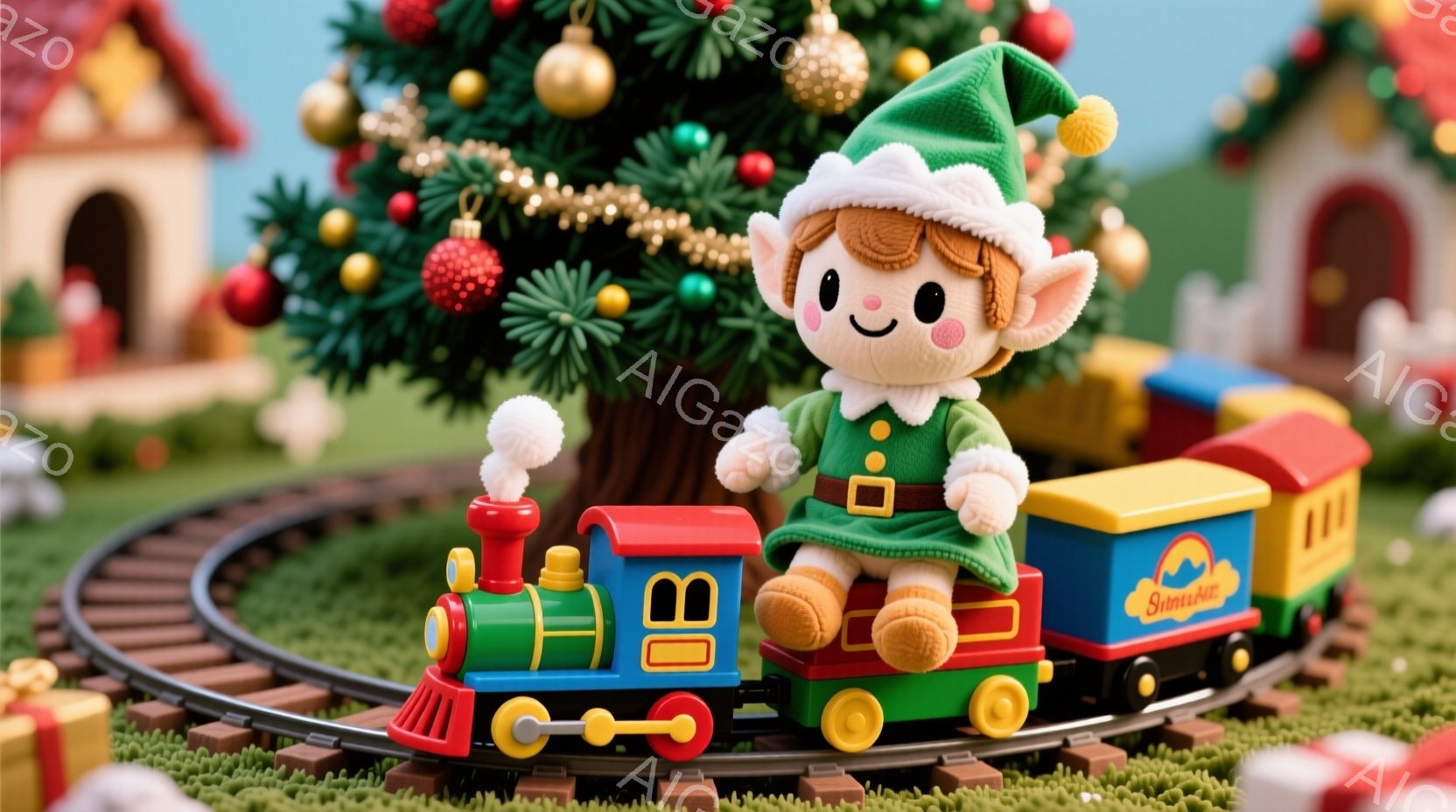 緑色の服を着た愛らしいぬいぐるみの女の子が、蒸気機関車の運転席に座っています。彼女は赤い髪をポニーテールにし、笑顔で前を見つめています。背景には、クリスマスツリーやプレゼントボックス、おもちゃのような可愛らしい家々が並び、お祝いムードを盛り上げています。
