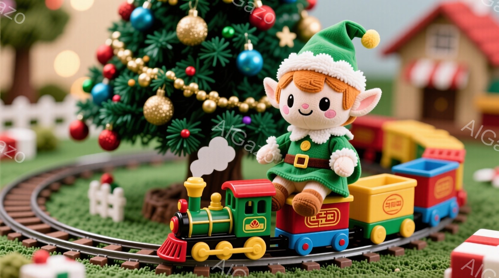 緑色の帽子と服を着た、可愛らしいお猿のキャラクターが、赤い蒸気機関車の運転席に座っています。背景には、クリスマスツリーや小さな家々が並び、緑色の芝生の上を列車が走っている様子が描かれています。全体的に暖かく、お祭り気分を盛り上げるような、可愛らしい雰囲気です。