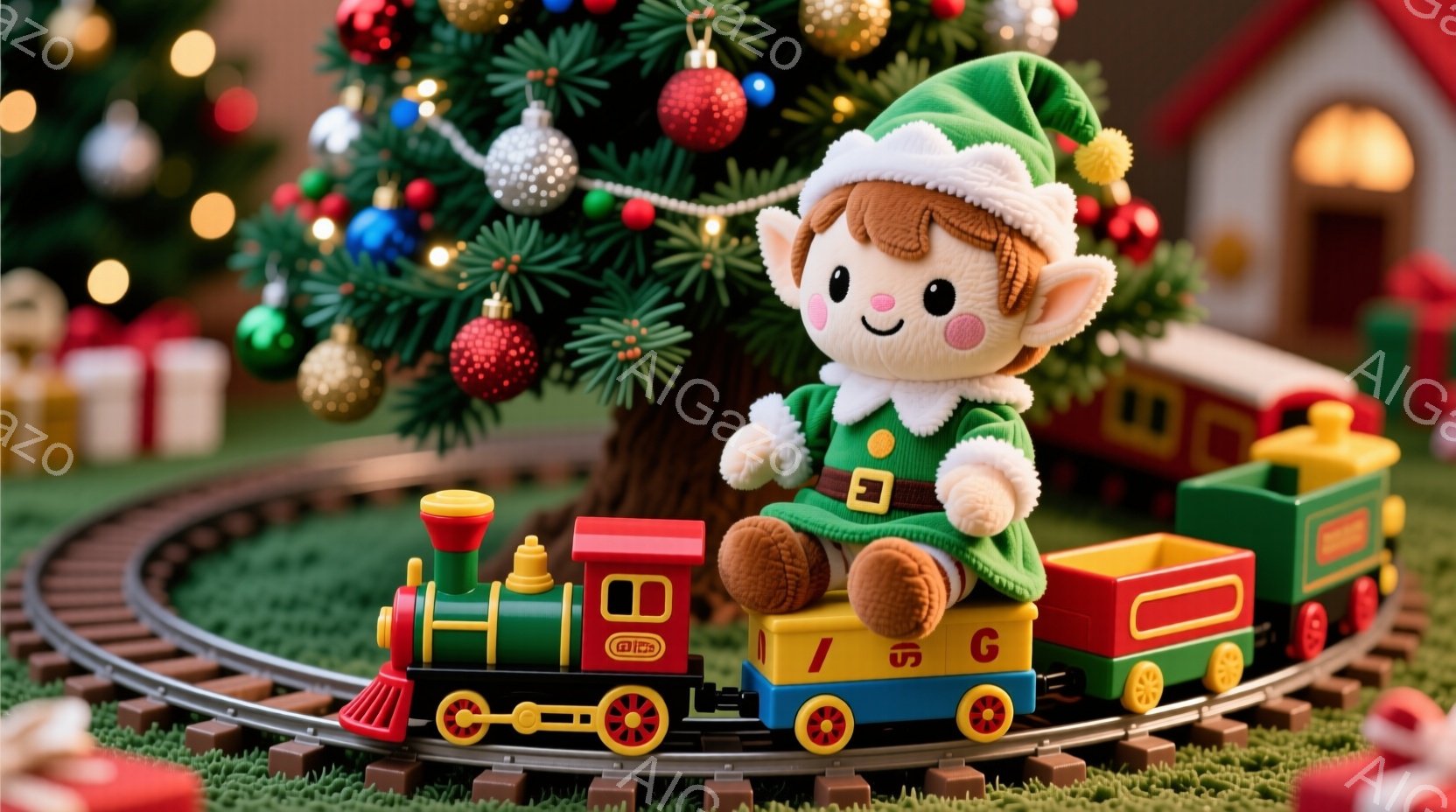 クリスマスツリーと鉄道が背景に広がる、可愛らしいぬいぐるみのエルフが描かれています。エルフは緑色の帽子と服を着ており、茶色の髪と笑顔が印象的です。鉄道は赤と緑の列車で、エルフはその一番列車に乗って楽しんでいる様子が表現されています。