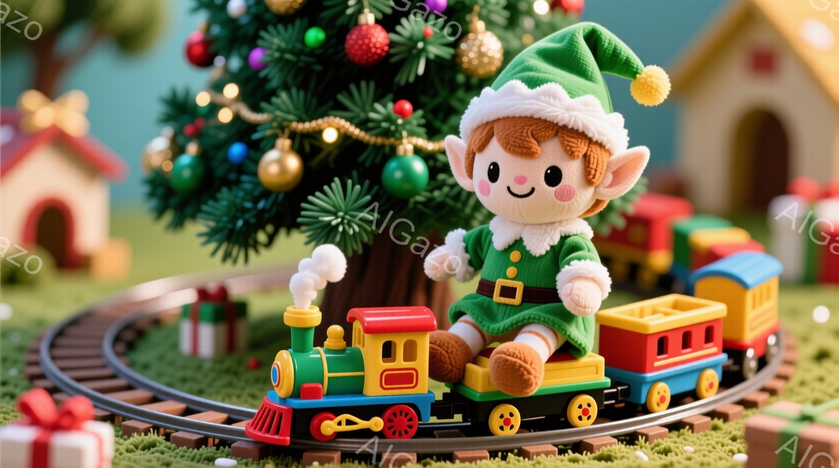緑色の帽子と服を着た愛らしいエルフが、カラフルな玩具の列車に乗って微笑んでいます。背景には、クリスマスツリーや可愛らしい家々、そしてプレゼントの山があり、お祝いの雰囲気を醸し出しています。全体的に暖か - AI生成フリー素材