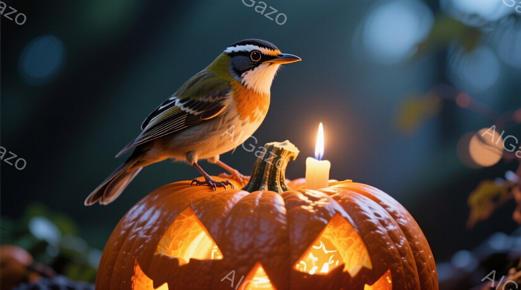 彫刻が施されたカボチャの上にとまり、小さな鳥が佇んでいます。カボチャの中にはキャンドルの炎が灯り、鳥のシルエットを照らし出しています。背景は暗く、ぼやけた自然の風景が広がっており、ハロウィンの夜の静か - AI生成フリー素材
