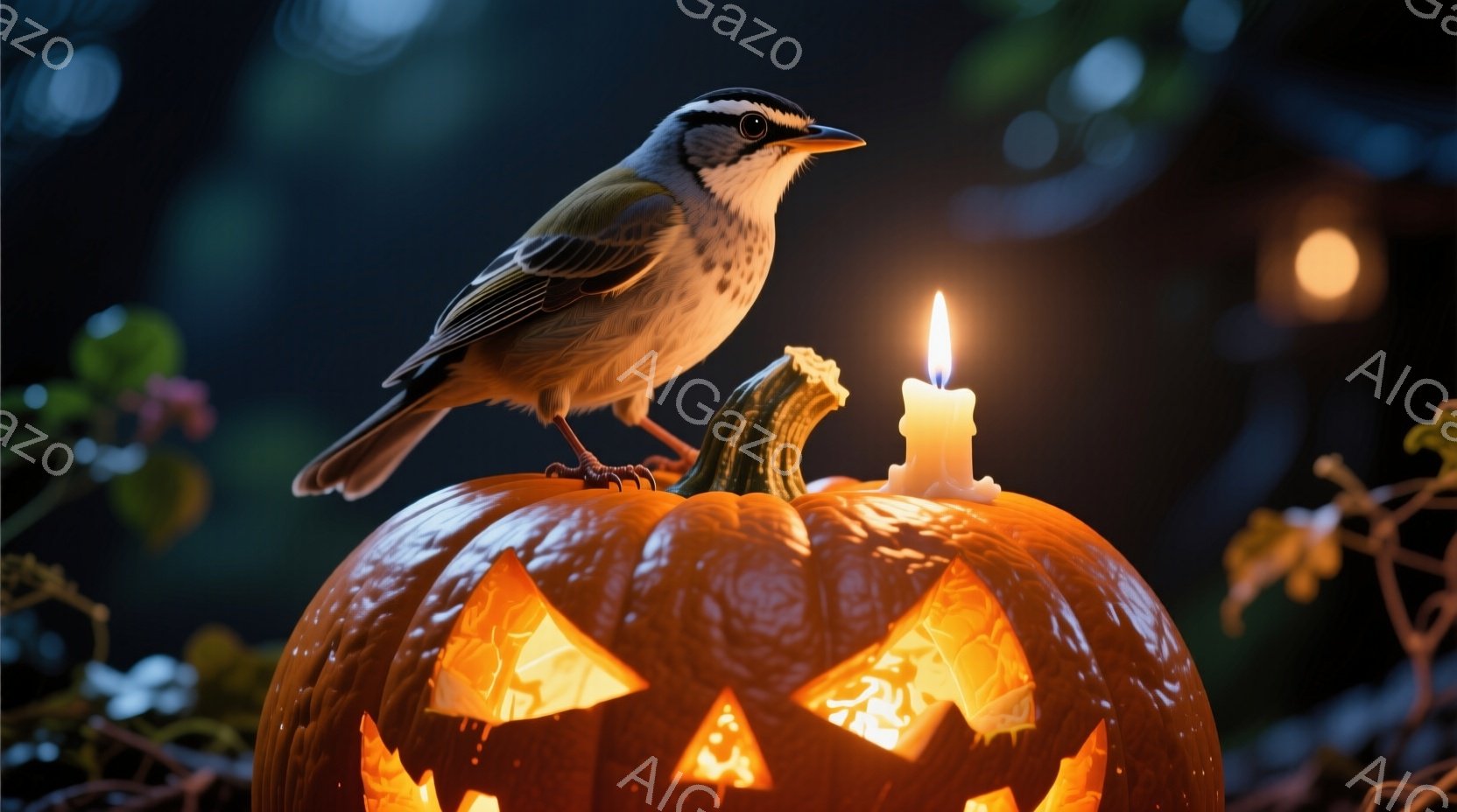 彫刻が施されたオレンジ色のカボチャの上に、小さな鳥が止まっています。カボチャの中は光っており、その光が鳥のシルエットを照らし出しています。背景は暗く、ぼやけた緑の葉が見え、ハロウィーンの夜の静かで幻想 - AI生成フリー素材