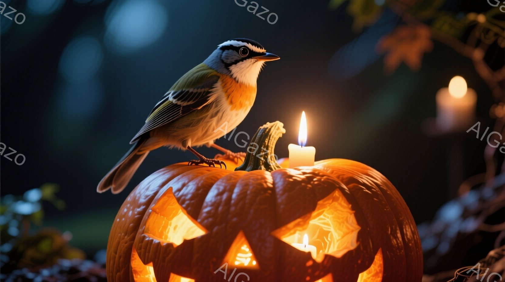 彫刻が施されたオレンジ色のカボチャの上に、小さな鳥が止まっています。カボチャの中にはろうそくが灯っており、その光が鳥を照らし出しています。背景は暗く、ぼやけた自然の風景が広がっており、ハロウィンの静か - AI生成フリー素材