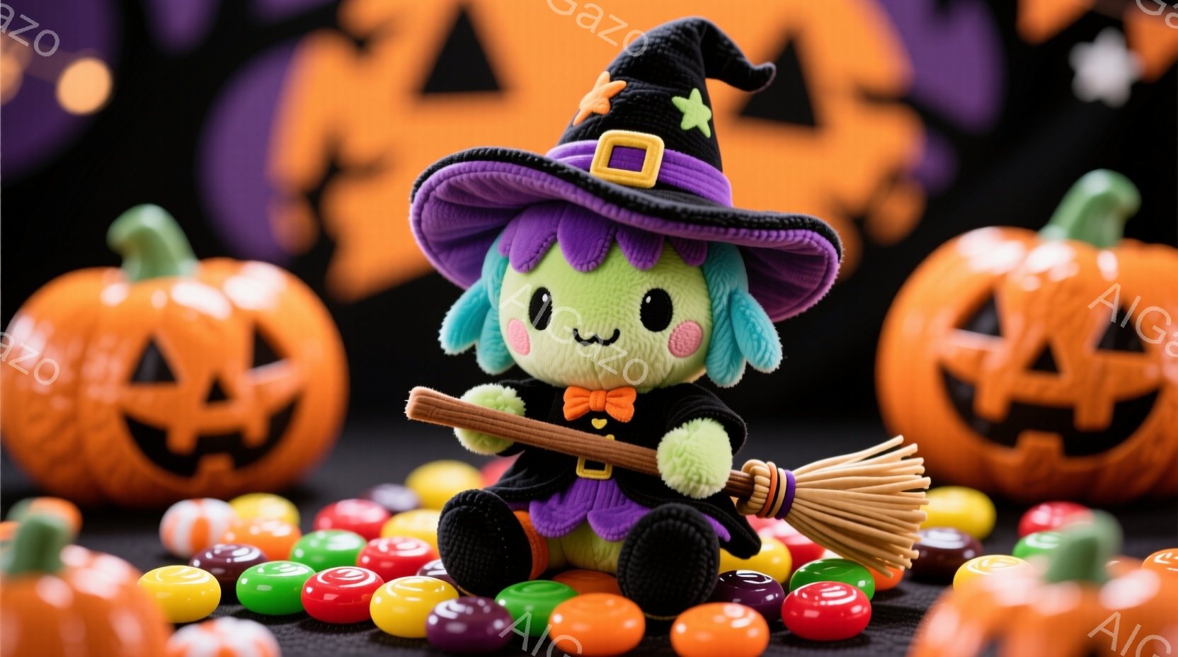 緑色のふわふわした魔女の人形が、黒い帽子とドレスを着て、オレンジ色のリボンを締めています。彼女は小さな箒を持って座り、丸いキャンディーに囲まれており、表情は可愛らしく、楽しそうに見えます。背景には、ハロウィーンの典型であるジャック・オ・ランタンと紫色のシルエットがぼんやりと見え、お祭りの雰囲気を醸し出しています。