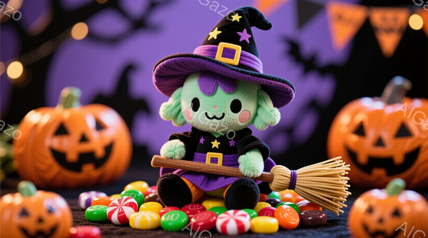 緑色のふわふわした生き物が、紫色の帽子と黒いローブを着て、ほうきを持って座っています。周りにはオレンジ色のジャック・オー・ランタンとカラフルなキャンディーが散りばめられており、ハロウィーンの楽しい雰囲 - AI生成フリー素材