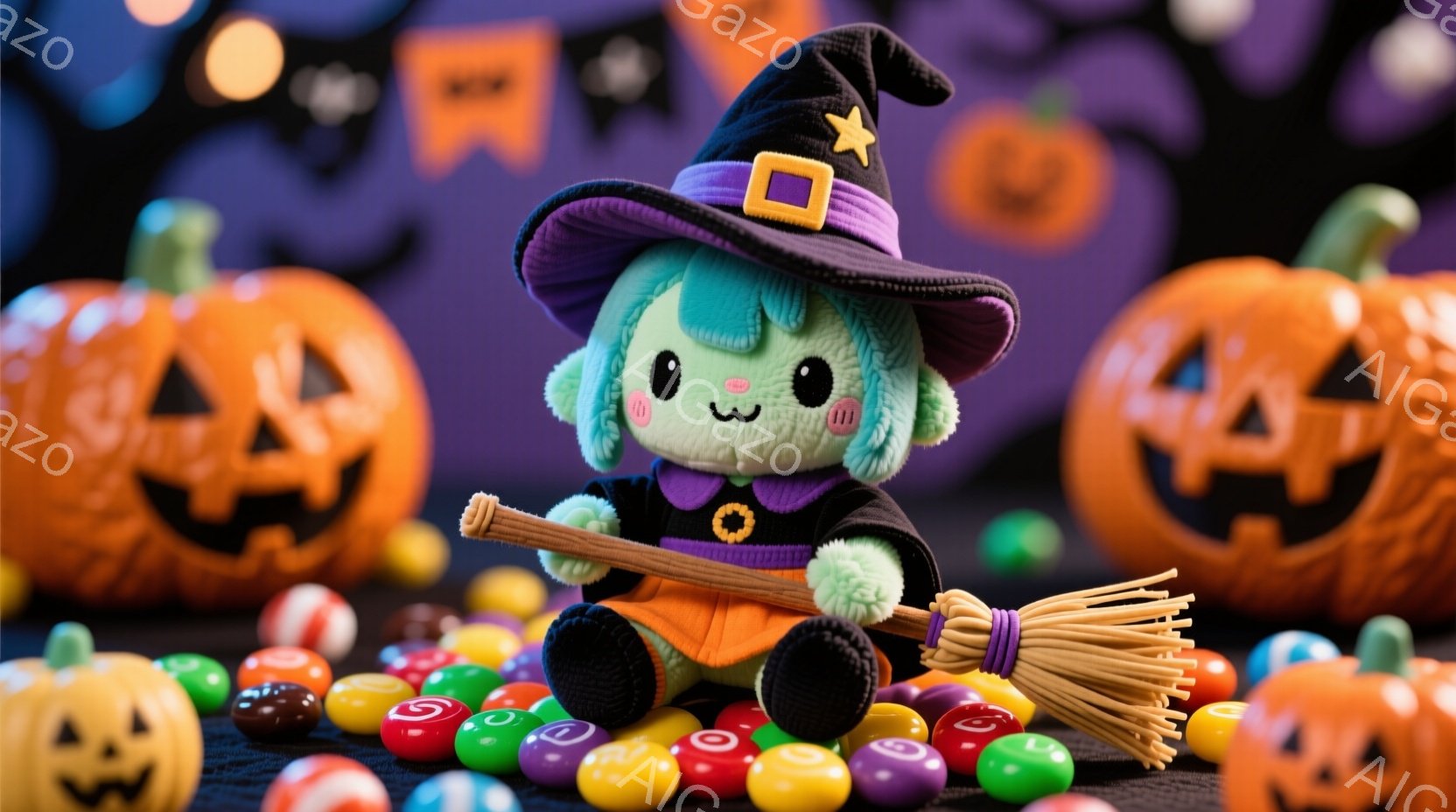 明るい緑色の肌をした、かわいらしい魔女のぬいぐるみが、オレンジ色の衣装を着て箒を持っています。背景には、ジャック・オー・ランタンやカラフルなキャンディーが散りばめられ、ハロウィーンの楽しい雰囲気を演出しています。全体的に、お祭り気分と愛らしさが感じられる、可愛らしいイメージです。