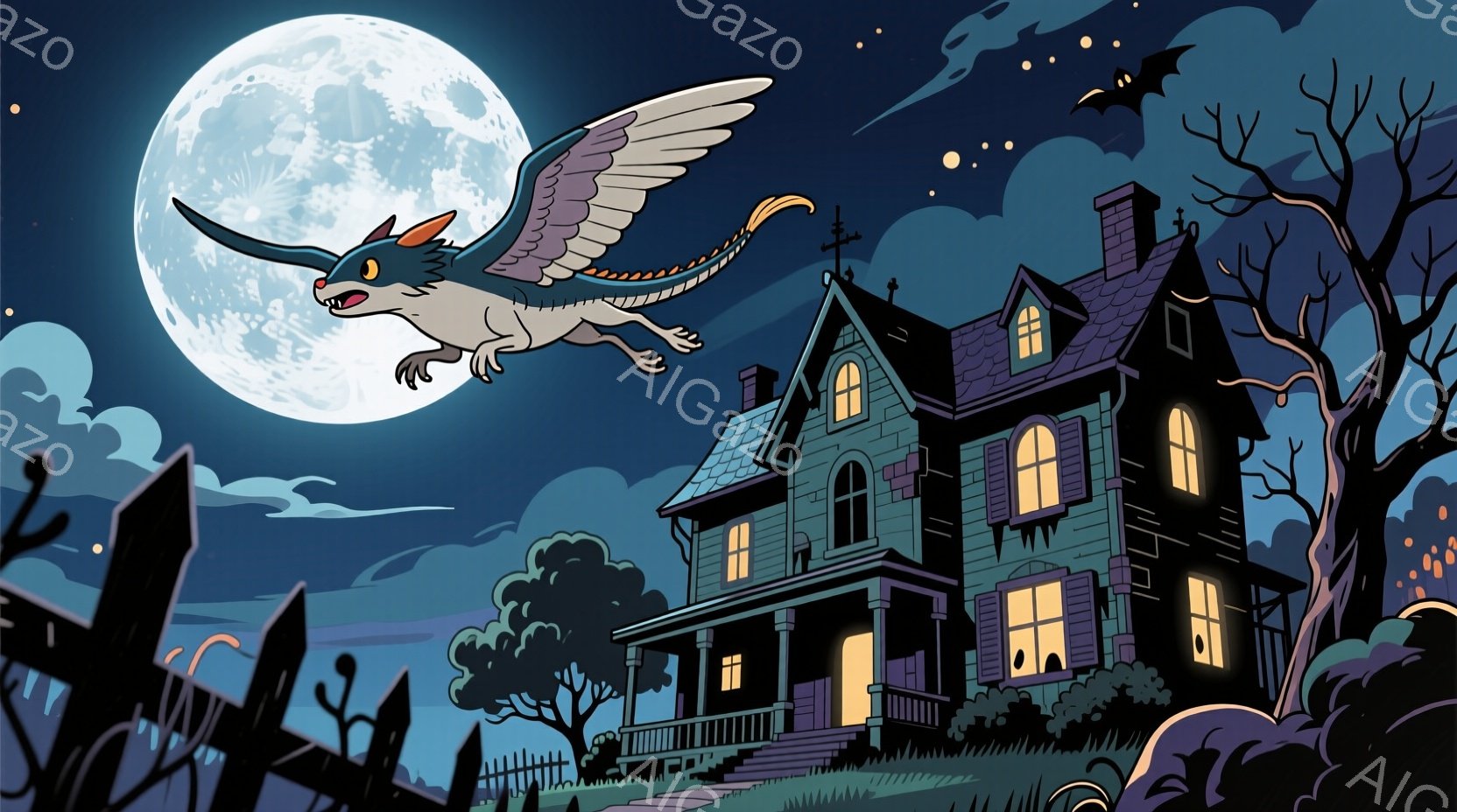 夜空には満月が輝き、不気味な緑色の家がシルエットで浮かび上がっています。家の上空を、翼を持つ猫のような生物が飛び、驚いた表情をしています。背景には暗い木々とフェンス、そして遠くに不気味なシルエットの木 - AI生成フリー素材