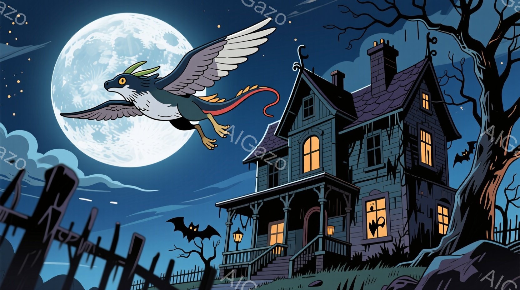 暗い夜空に大きく満月が輝き、不気味な屋敷がシルエットで浮かび上がっています。屋敷の前にフェンスと墓石が並び、屋根には蝙蝠が飛び交い、ハロウィーンのような雰囲気を醸し出しています。屋敷のすぐ上を、鮮やかな色の翼を持つ、奇妙な生き物（おそらくドラゴン）が飛んでおり、その姿は神秘的で少し不気味です。