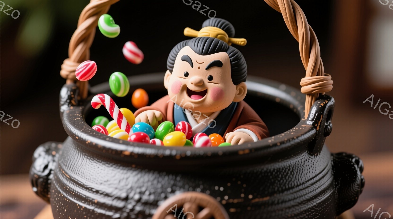 陶器製の籠の中に、赤ちゃんの着物を着た男の子が座っています。彼は笑顔で、少し怒ったような表情をしています。籠の中には色とりどりのキャンディーが溢れ、楽しい雰囲気を醸し出しています。
