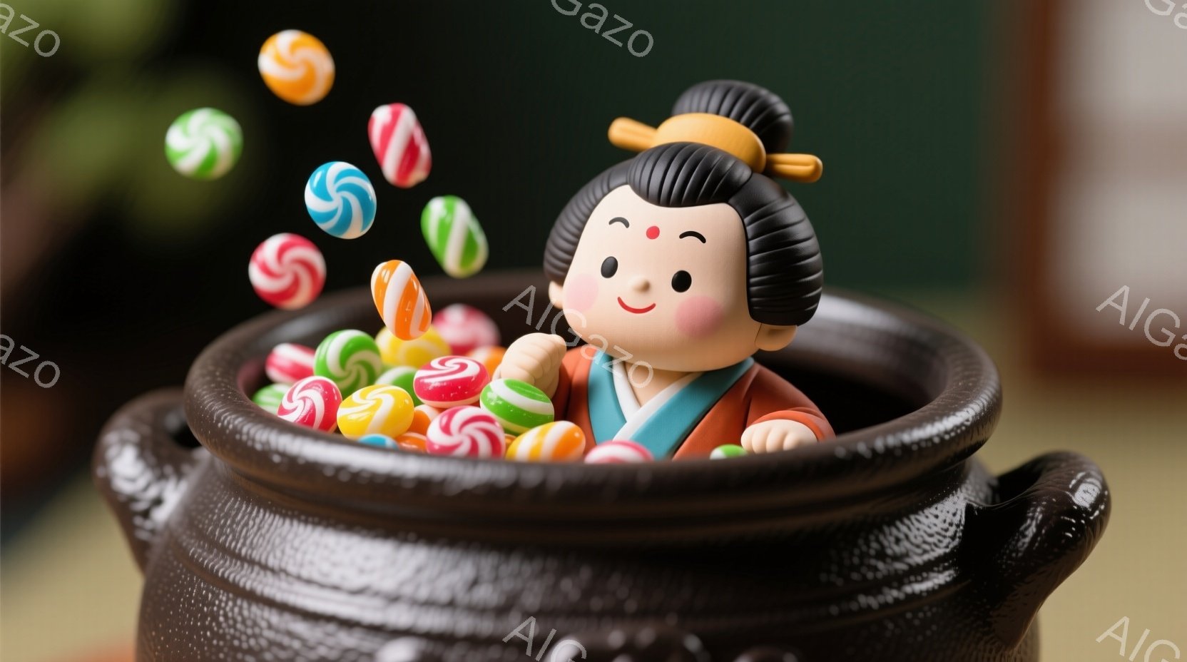 幼い少女が、茶色い土鍋の中にカラフルなキャンディーに囲まれて座っています。彼女は日本の伝統的な着物のような服を着ており、髪は結い上げられて飾りを付けています。明るい表情をしており、楽しげな雰囲気が漂っています。