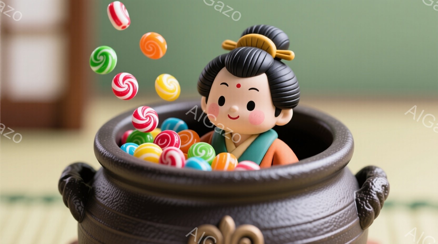 可愛らしい着物を着た少女が、色とりどりのキャンディーで満たされた土製の鉢の中に座っています。彼女は黒髪を高い髷に結い、赤い頬と穏やかな笑顔を浮かべています。背景は畳の床で、温かく、遊び心のある雰囲気を醸し出しています。