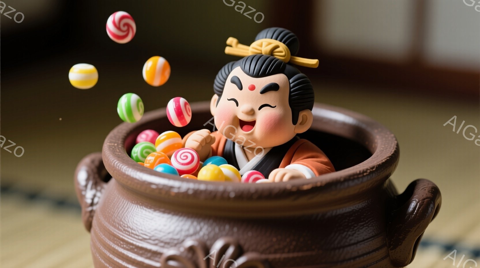 古風な陶器の壺の中に、日本の昔話に出てくるような男の子が座っています。着物は白と黒のコントラストが強く、髪型は髷（ちょんまげ）で、かんざしが飾られています。男の子は満面の笑みを浮かべ、カラフルなキャンディーが周囲を飛び交い、楽しげな雰囲気を醸し出しています。