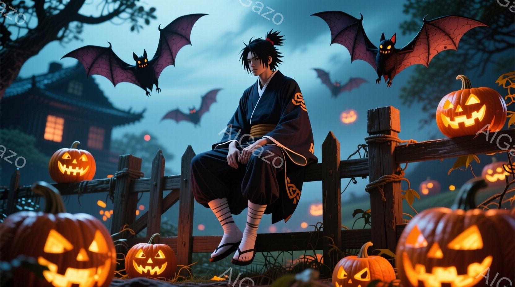 黒い着物と袴姿の少年が、庭の柵に座って描かれています。少年は黒髪で、憂いのある表情をしています。背景には、ハロウィーンの装飾である多くのジャック・オー・ランタンが配置され、遠くには暗いシルエットの建物が見え、夜空にはコウモリが舞い、全体的にハロウィーンの不気味な雰囲気が漂っています。