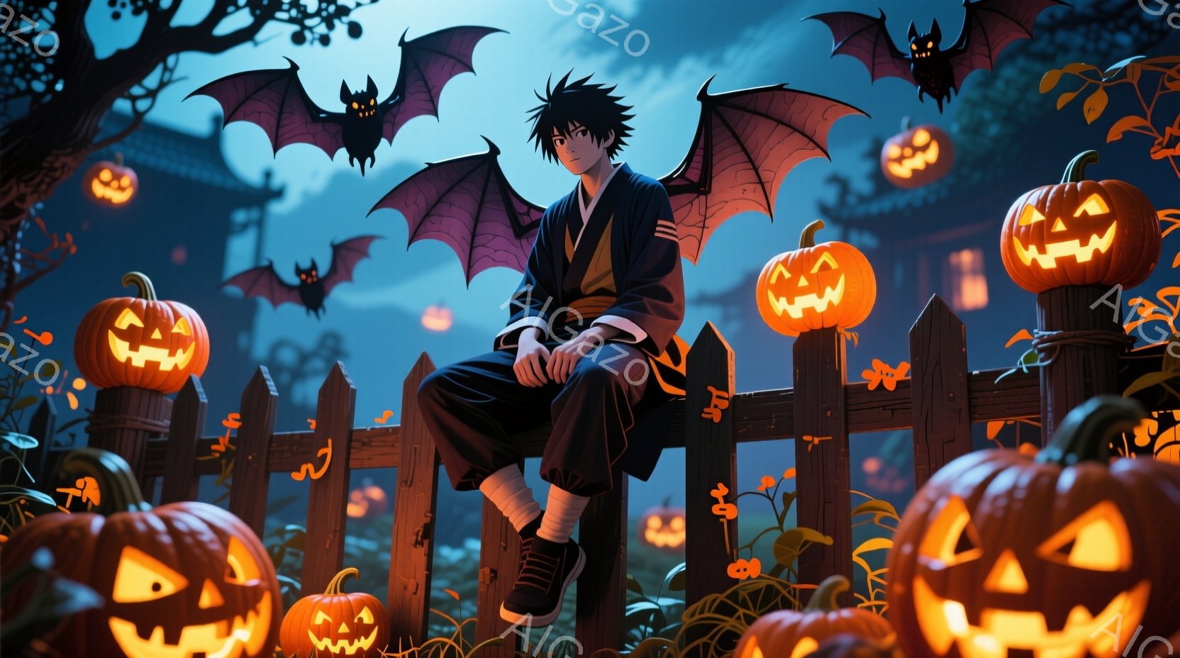 黒髪で、少し憂いを帯びた表情の少年が、フェンスの上に座っている。黒い和風の着物を着ており、背中には大きなコウモリの翼が生えている。背景には、ジャック・オー・ランタン、コウモリ、そしてぼんやりとした建物が見え、ハロウィーンの夜の不気味で幻想的な雰囲気を醸し出している。