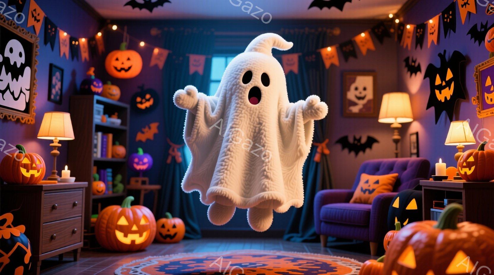 部屋の中央には、白い布で覆われたお化けが浮かんでおり、驚いた表情をしています。部屋はハロウィーンの飾り付けでいっぱいであり、紫色のソファ、カボチャのランタン、バットやジャックオーランタンのガーランドが置かれています。全体的に、お祝いでありながら少し不気味な、ハロウィーンらしい雰囲気です。