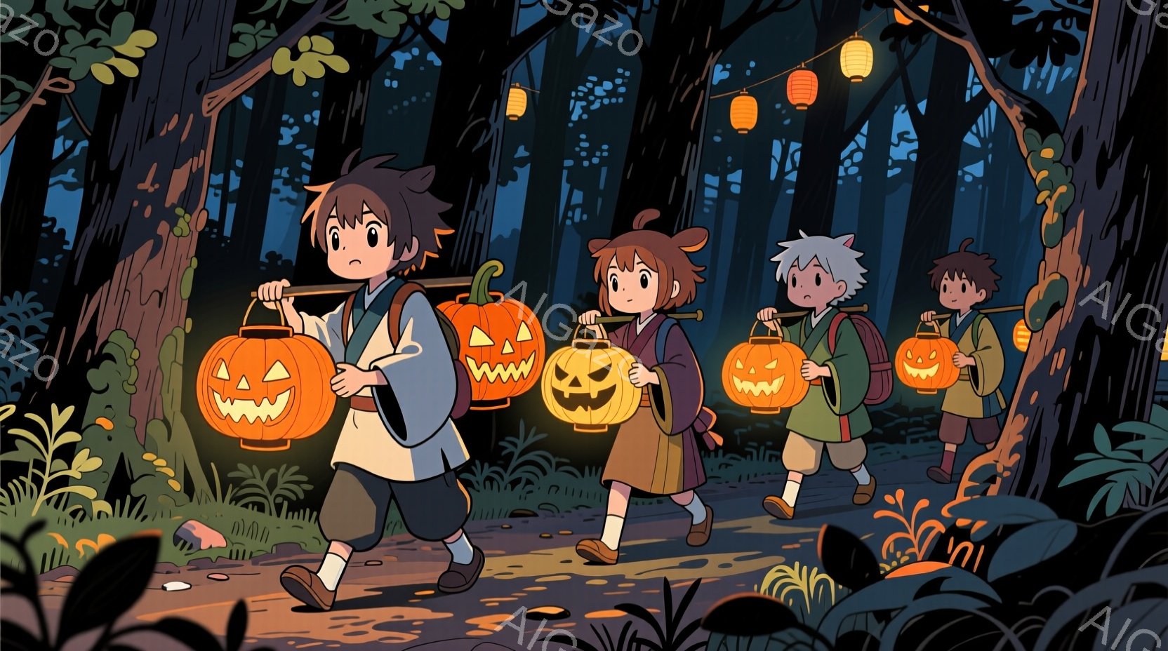 少年たちがそれぞれ切り開かれたカボチャのランタンを持って、暗い森の中を歩いている。彼らは伝統的な日本の衣装を着ており、表情はやや真剣で、森の中の冒険に集中しているように見える。背景は濃い緑と茶色の木々で覆われ、所々にオレンジ色のランタンが灯り、神秘的で少し不気味な雰囲気を醸し出している。