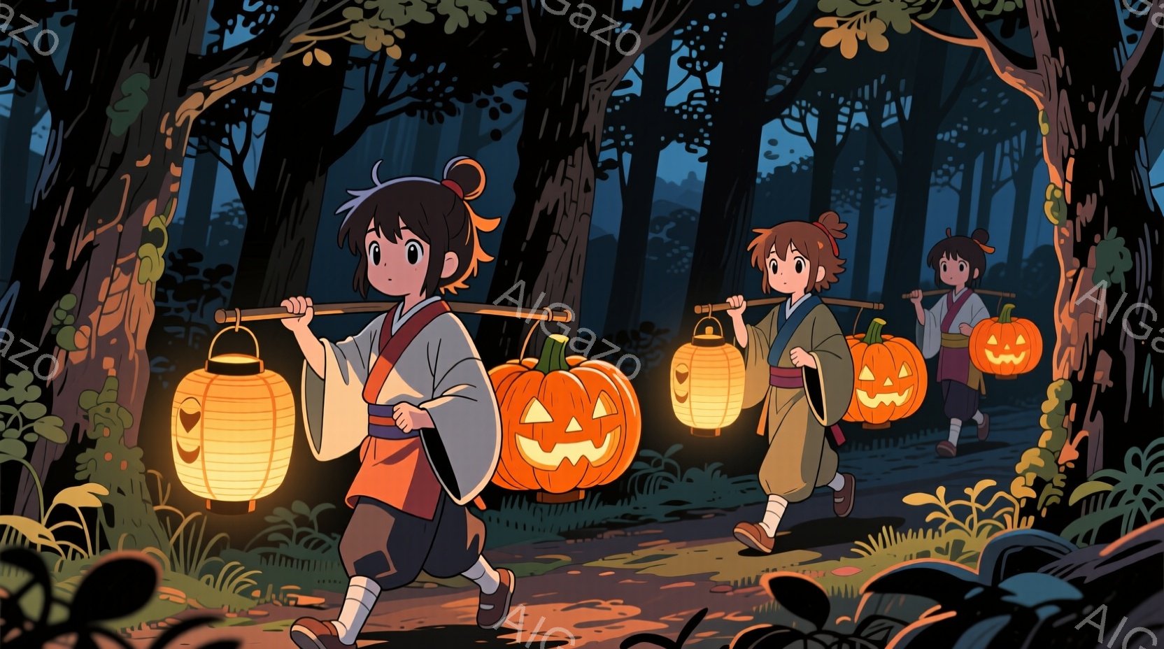 夜の森の中を歩く二人の子供たちが描かれています。彼らはそれぞれ片手に提灯と、肩に大きなジャック・オ・ランタンを担いでおり、黒髪を後ろで結んでいます。森は鬱蒼としており、地面には草が生え、提灯とジャック・オ・ランタンの光が周囲を照らしています。