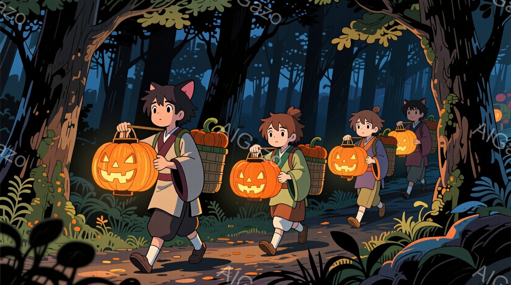 少年たちは、それぞれ手提げカゴと、くり抜かれたカボチャで作られたランタンを持って森の中を歩いています。着ているのは、伝統的な日本の衣装で、袴や着物のようなものが見られます。背景には濃い緑の木々と植物が生い茂り、薄暗い森の中を歩く神秘的な雰囲気を醸し出しています。