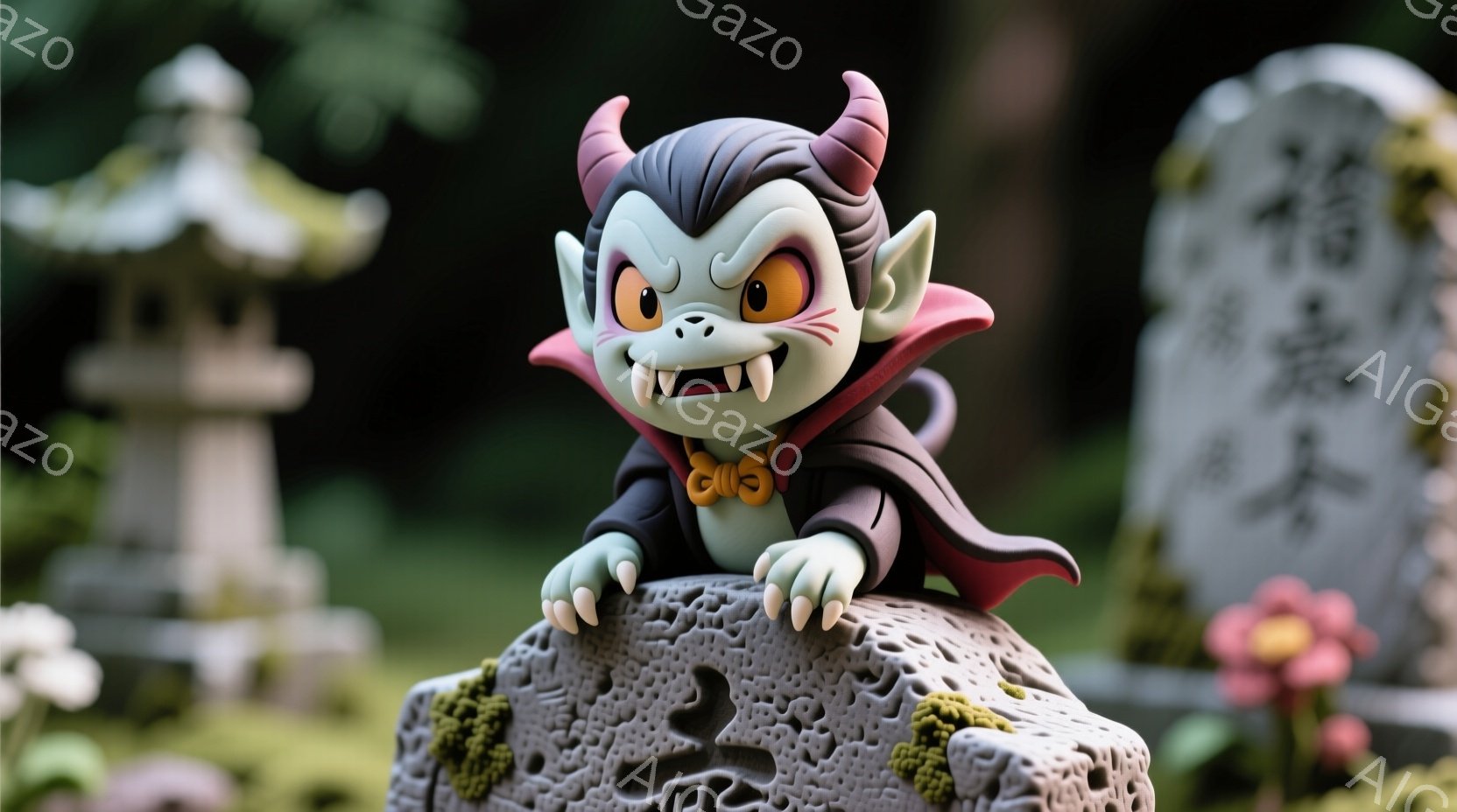 可愛らしいヴァンパイアのキャラクターが墓石の上にひざまずいて座っています。黒髪に巻いた角、赤い瞳、とがった牙が特徴的で、黒いマントと赤い蝶ネクタイを着用しています。背景には、緑豊かな草地と墓石、そしてぼんやりと見える東屋があり、どこか幻想的な雰囲気を醸し出しています。