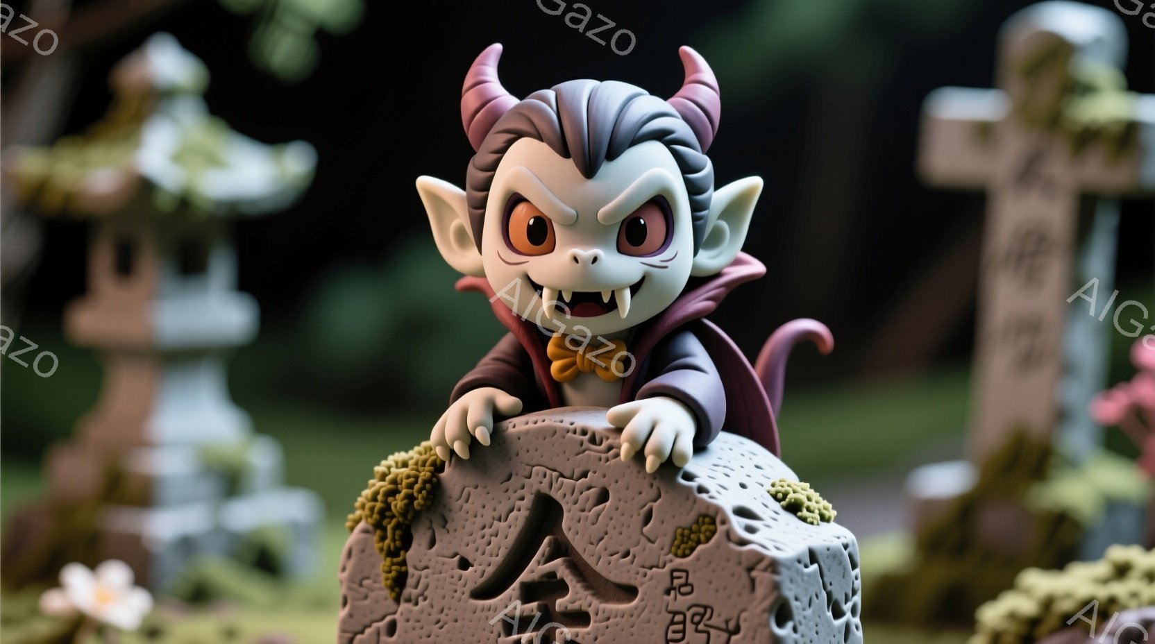 小さな吸血鬼が墓石に腰掛け、いたずらっぽい笑顔を浮かべている。黒い髪は後ろにとかされ、赤い目と鋭い牙が特徴的で、黒いマントと赤い蝶ネクタイを身につけている。背景には、緑豊かな木々や様々な形の墓石が見え、少し不気味でありながらもどこか愛らしい雰囲気を醸し出している。