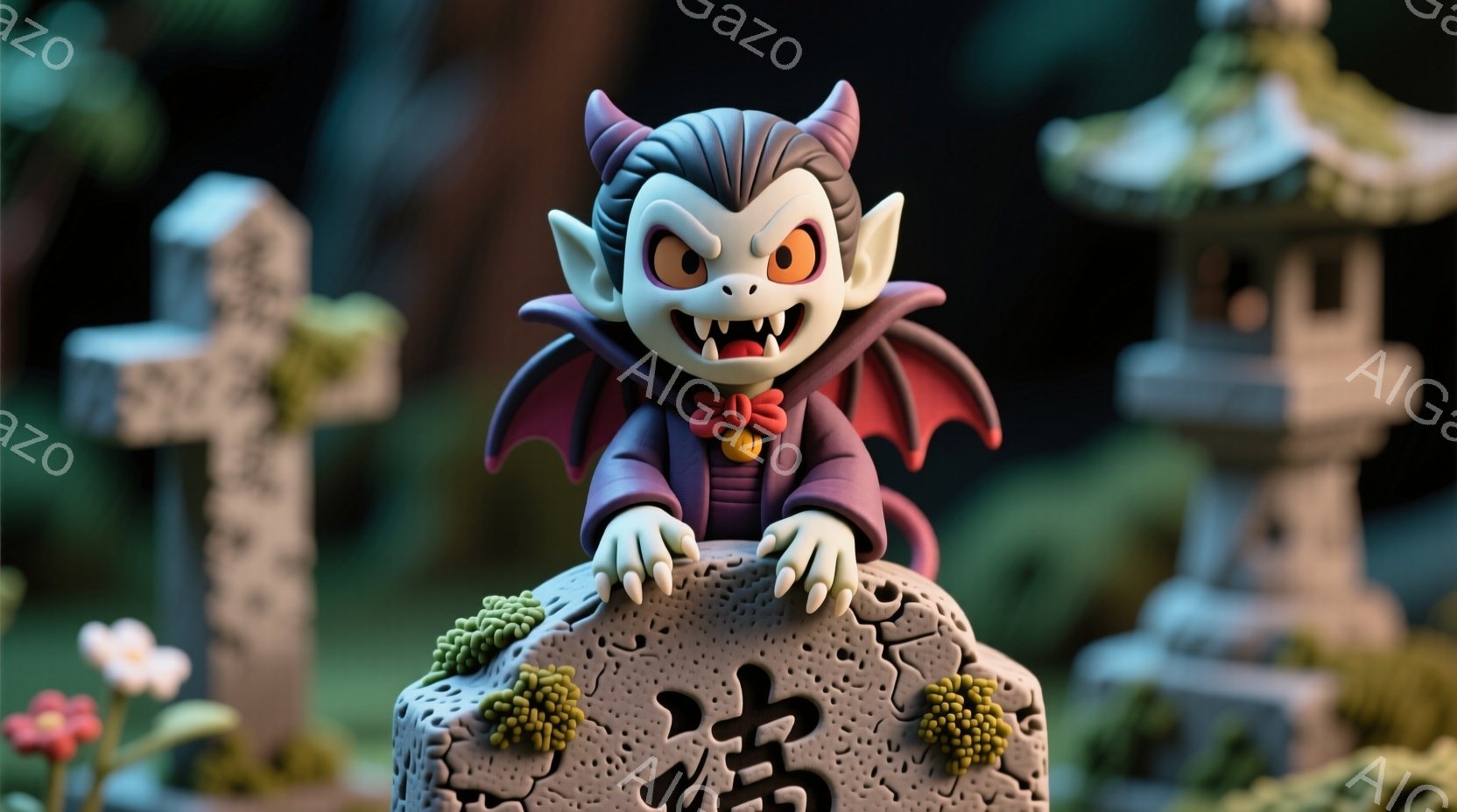 可愛らしい様式の吸血鬼が墓石の上に立っている様子を描いています。吸血鬼は、紫色のスーツと赤い蝶ネクタイを着ており、大きな耳と鋭い牙が特徴的な表情をしています。背景には、墓石、植物、そして日本の寺院の石灯籠が見え、少し不気味ながらも遊び心のある雰囲気を醸し出しています。