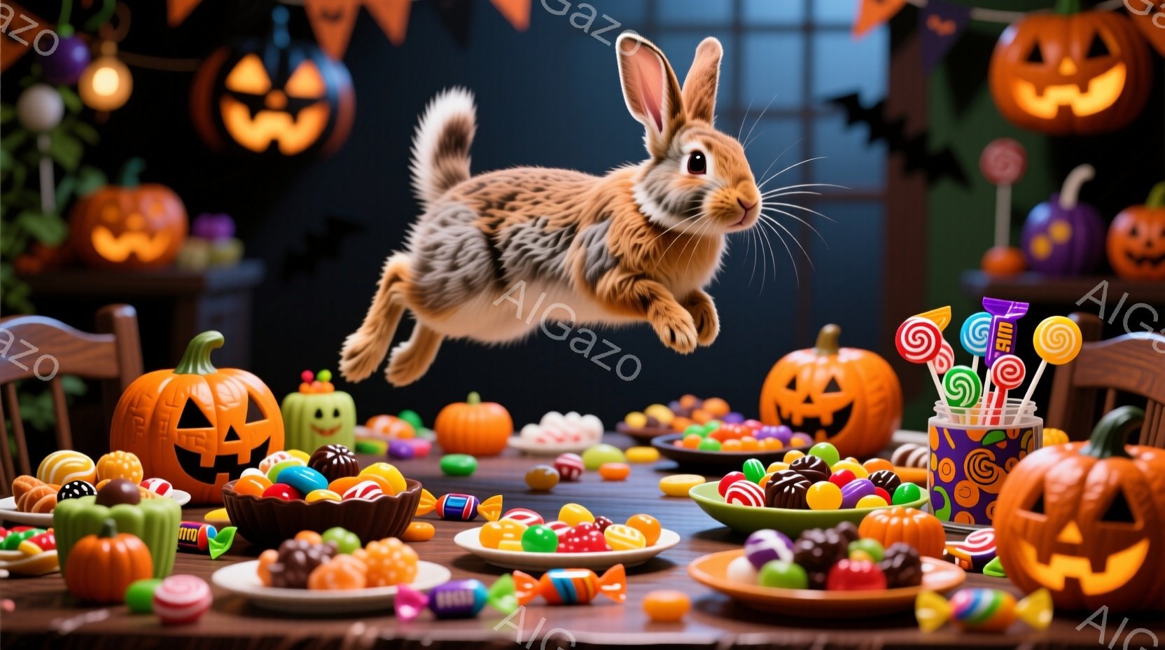 ハロウィンの飾り付けがされたテーブルの上に、カラフルなキャンディーやパンプキンが並べられています。テーブルの上空では、茶色のウサギが飛び跳ねており、その表情は楽しげで活発です。背景には様々な表情のジャック・オ・ランタンが配置され、お祭り気分を盛り上げています。