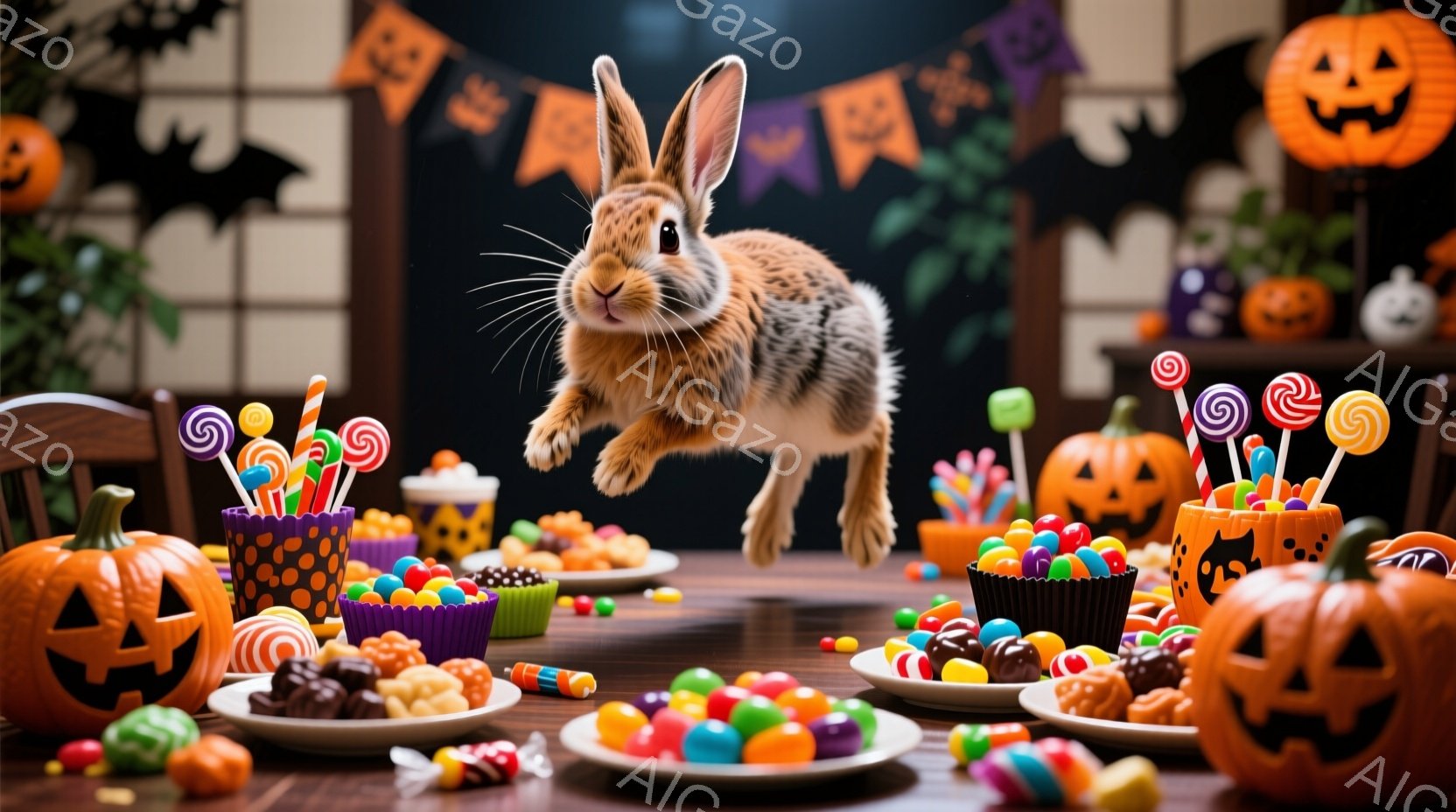 ハロウィーンをテーマにしたテーブルの上に、茶色のウサギが飛び跳ねています。テーブルには、カラフルなキャンディー、カップケーキ、そしてジャック・オー・ランタンが飾られ、背景にはハロウィーンのガーランドや装飾が施されています。全体的に明るく、お祭りのような楽しい雰囲気です。