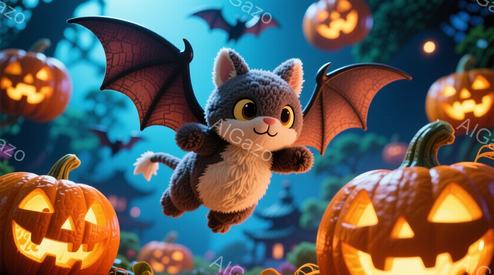 翼を持つふわふわの灰色の猫が、ハロウィーンの夜空を飛んでいる様子を描いています。背景には、ジャック・オー・ランタンが浮かび、暗い森が広がっており、全体的に陽気で楽しいハロウィーンの雰囲気が漂っています - AI生成フリー素材