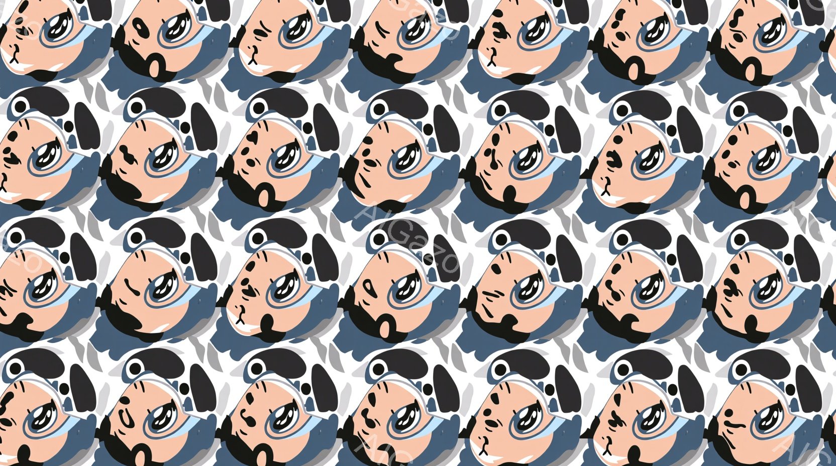 大きな目と独特の髪型をしたキャラクターのパターンで構成されています。キャラクターは薄い肌色をしており、暗い青色の髪に黒い縞模様が入っています。表情はやや驚いたようで、背景は白く、全体的にポップでコミカルな雰囲気です。