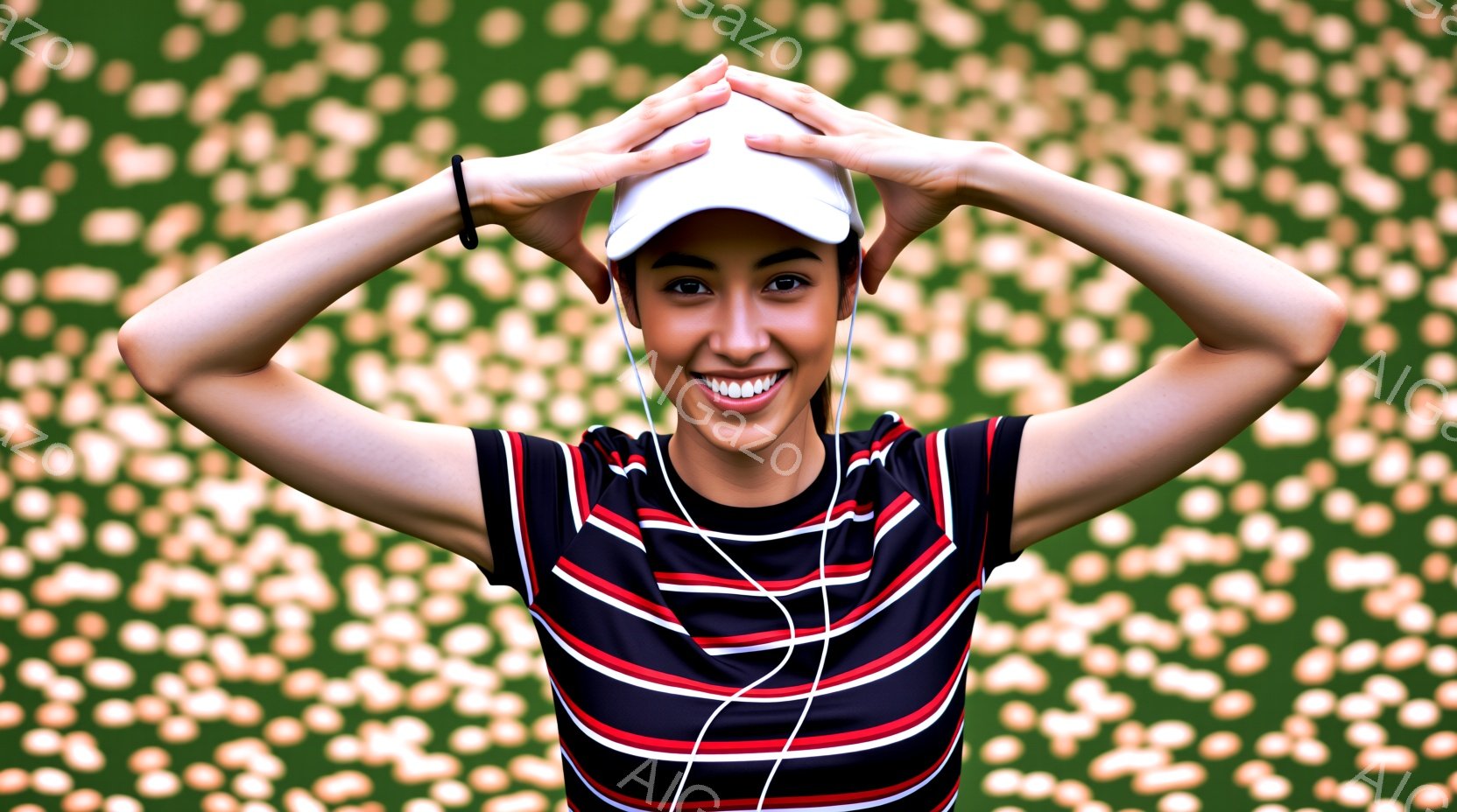 明るい笑顔の女性が、白いストライプの入った赤と黒のトップスを着て、白い帽子を頭に乗せています。彼女は両手で帽子を押さえ、口を開けて楽しそうに微笑んでいます。背景はぼやけた緑色で、まるで公園のような自然 - AI生成フリー素材