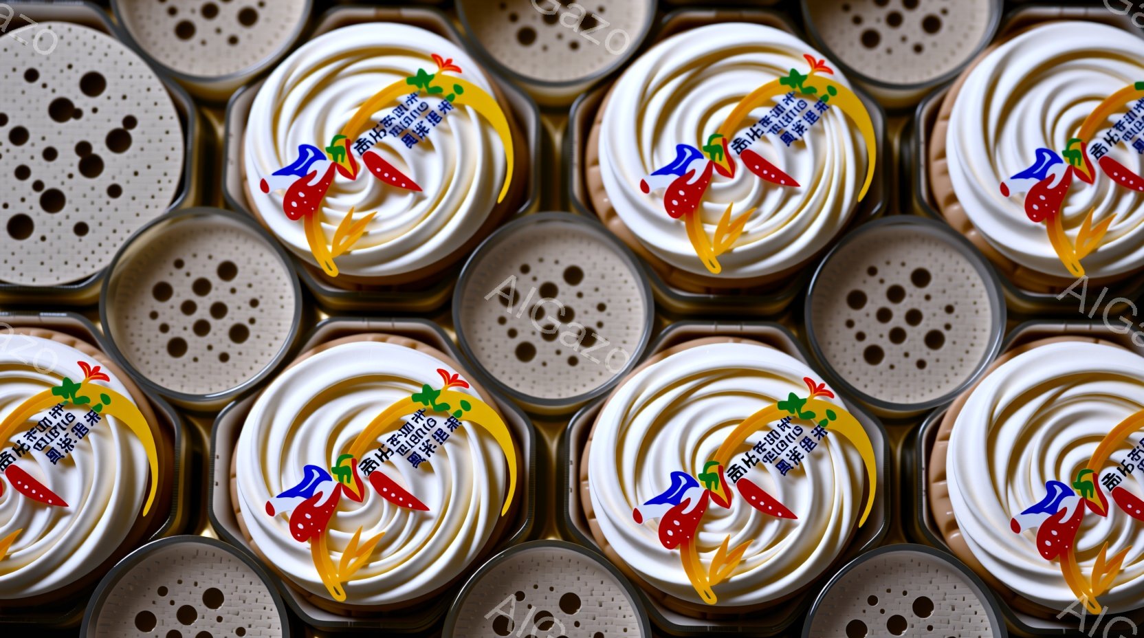 カラフルな包装紙で包まれたお菓子が密集して並んでいる様子を捉えています。それぞれの包装紙は、赤、緑、黄色を基調とした鮮やかなデザインで、中央に幾何学模様が描かれています。全体的に規則正しく配置されたお菓子は、大量生産された食品の印象を与え、明るく賑やかな雰囲気を醸し出しています。