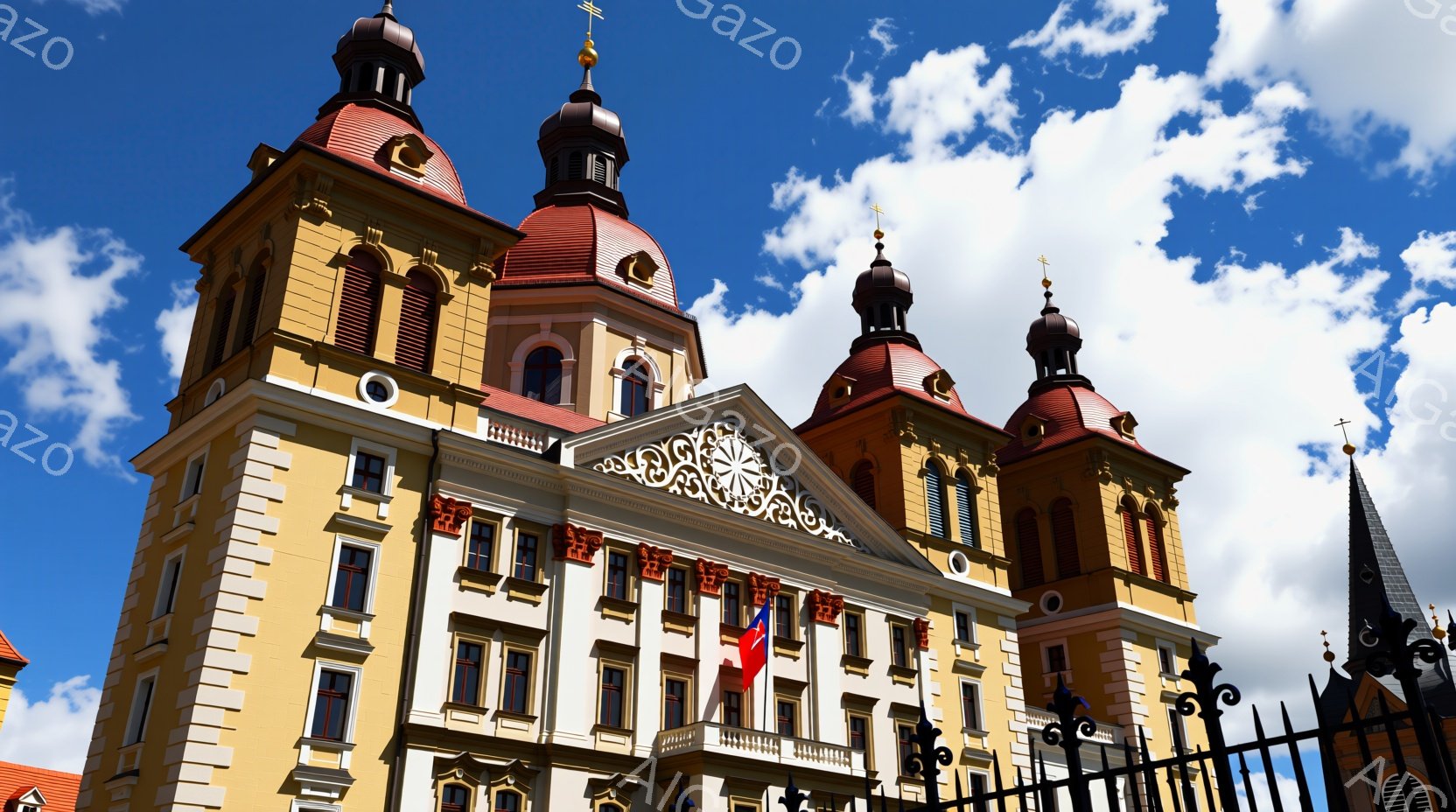 明るい青空の下、美しい装飾が施されたクリーム色の建物がそびえ立っている。建物は対称的なデザインで、赤い屋根と黒い尖塔が特徴的で、その中央には繊細な彫刻が施された装飾が見られる。建物前には黒い装飾が施されたフェンスがあり、建物全体は晴天と調和して、荘厳で歴史的な雰囲気を醸し出している。