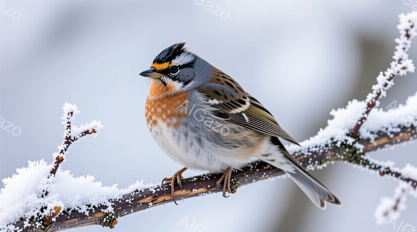 白い雪に覆われた枝に、鮮やかな色彩の鳥がとまっている。オレンジ色の胸元、黒い模様の背中、そして頭部の黒い冠羽が印象的で、冬の寒さの中でひときわ目立つ。背景は白くぼやけており、鳥の鮮やかな色がより際立っている。