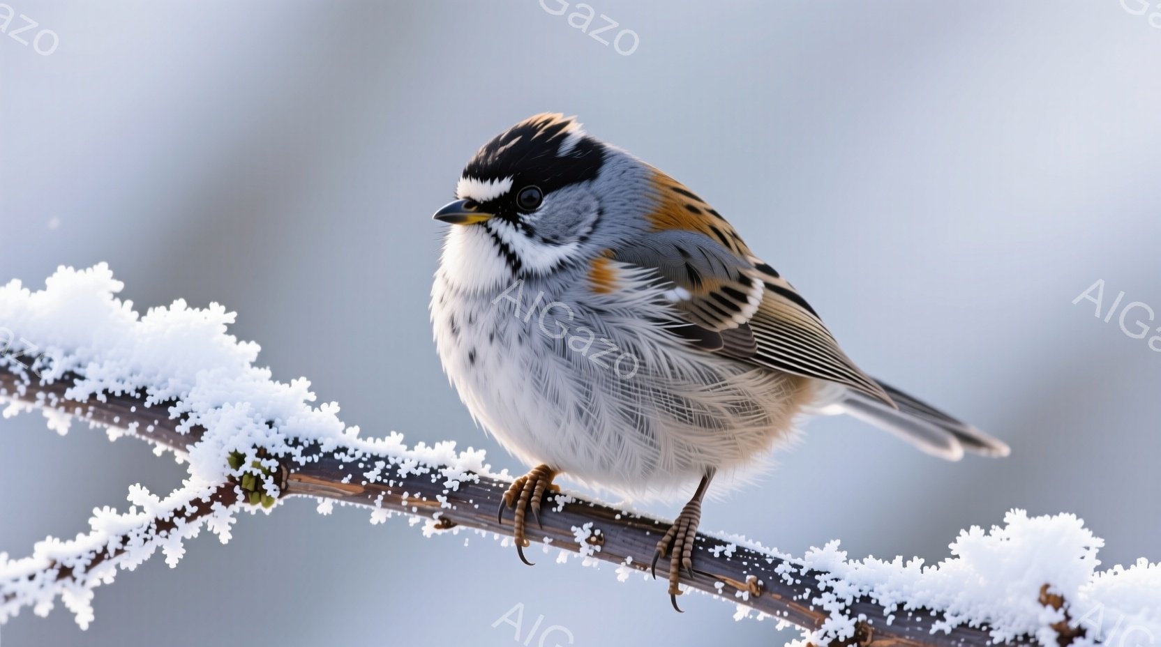 白い雪で覆われた木の枝にとまっている小さな鳥が写っています。この鳥は、黒、白、茶色の美しい模様を持ち、ふっくらとした体と、鋭い目つきが特徴的です。背景はぼやけた淡い青色で、冬の静寂さと鳥の鮮やかな色が - AI生成フリー素材