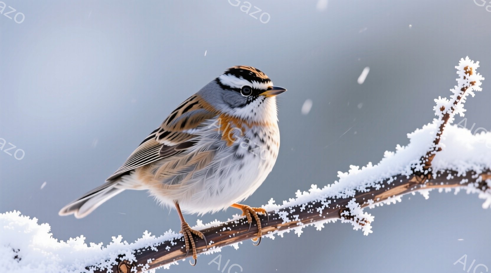 白い雪が降る中、茶色と白の美しい鳥が雪で覆われた木の枝に止まっています。この鳥は丸みを帯びた体格で、頭には特徴的な黒い縞模様があり、鋭い眼光を放っています。背景はぼやけた青色で、冬の静けさと厳しさを感じさせる、穏やかで美しい光景です。