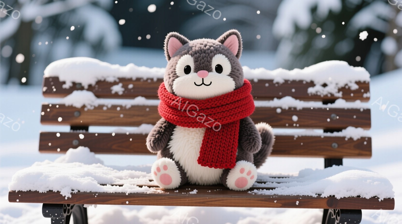 灰色の毛並みをした、可愛らしい猫のぬいぐるみです。赤い編み物のマフラーを首に巻き、ベンチに座ってこちらを見ています。背景は雪景色で、雪が降っており、冬の静かで穏やかな雰囲気が漂っています。 - AI生成フリー素材