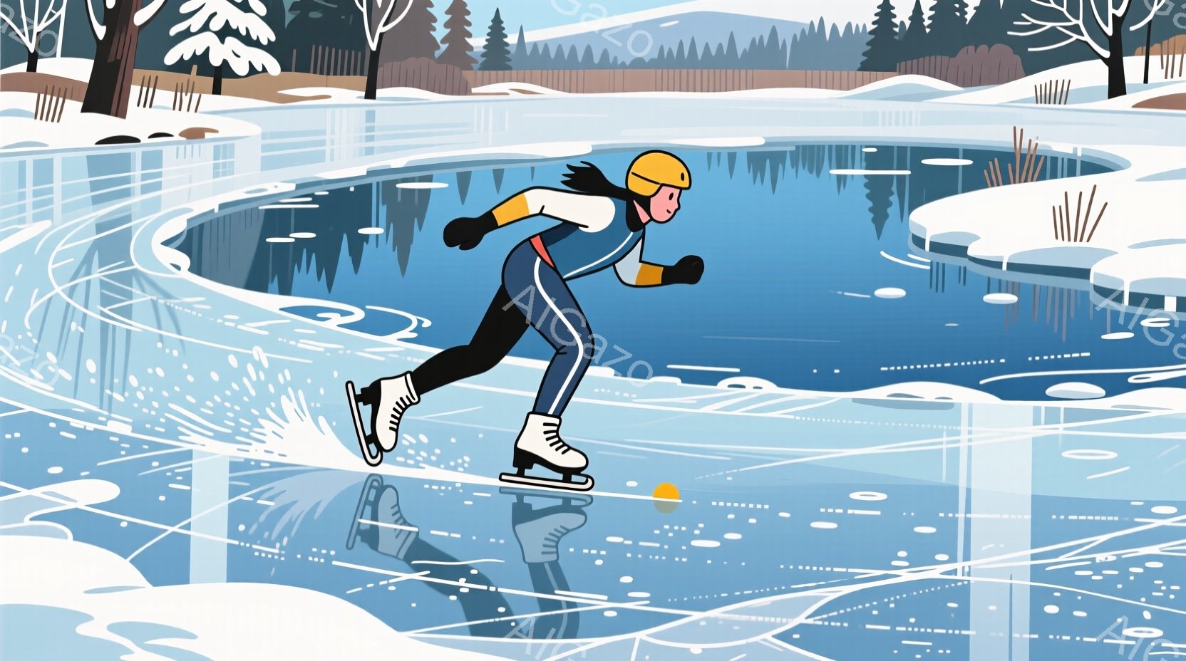 氷上を滑る女性が描かれています。彼女は黒髪を帽子で覆い、黒いジャージに白いラインが入った服装で、氷上を滑ることに集中した表情をしています。背景には雪景色が広がり、遠くには木々が見え、冷たく澄んだ冬の日の雰囲気が伝わってきます。