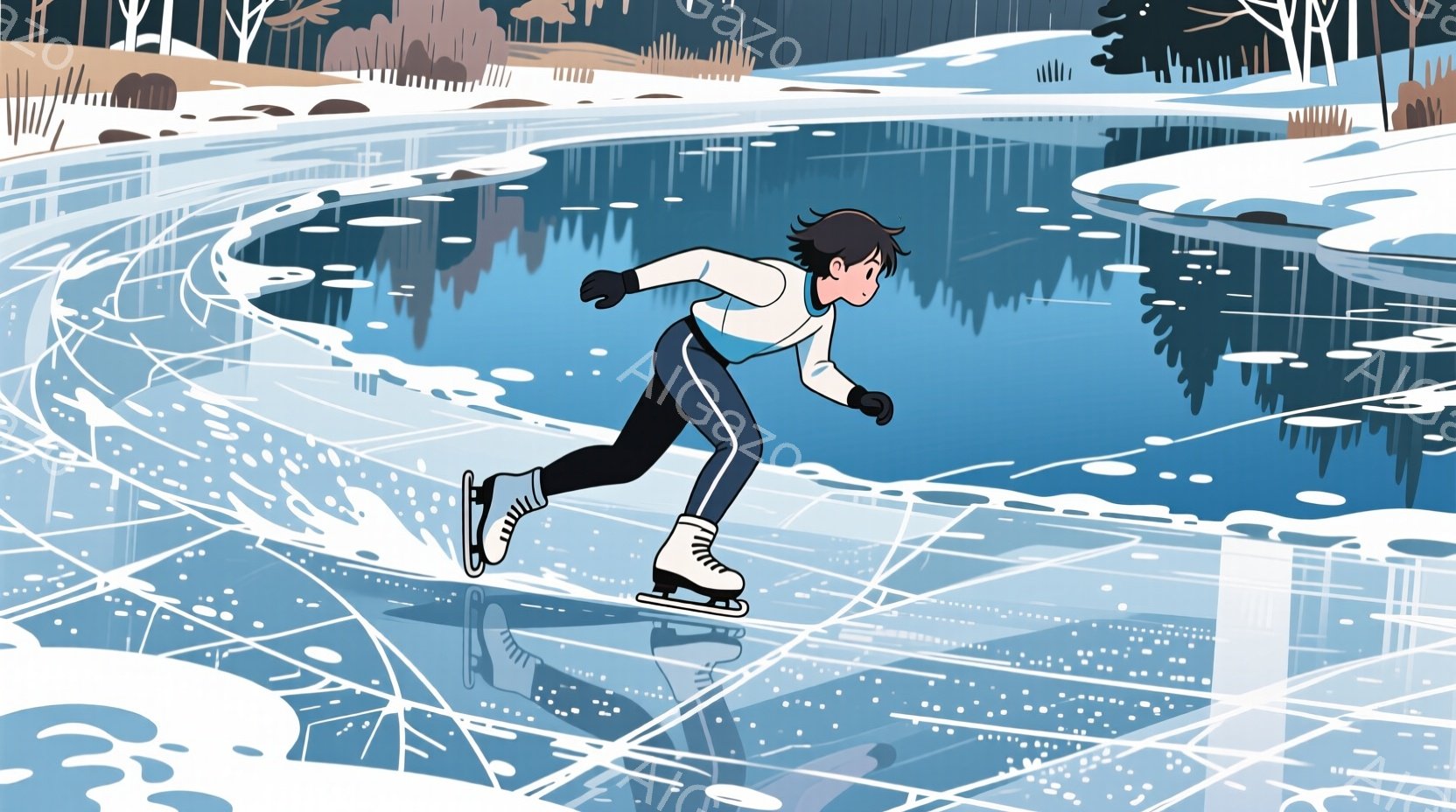 若い男性が氷上を滑っている様子が描かれている。彼は黒い髪で、白いセーターと黒いズボンを着用し、スケート靴を履いている。背景には、雪に覆われた木々と、割れた氷の模様が広がっており、冬の静かで冷たい雰囲気が漂っている。